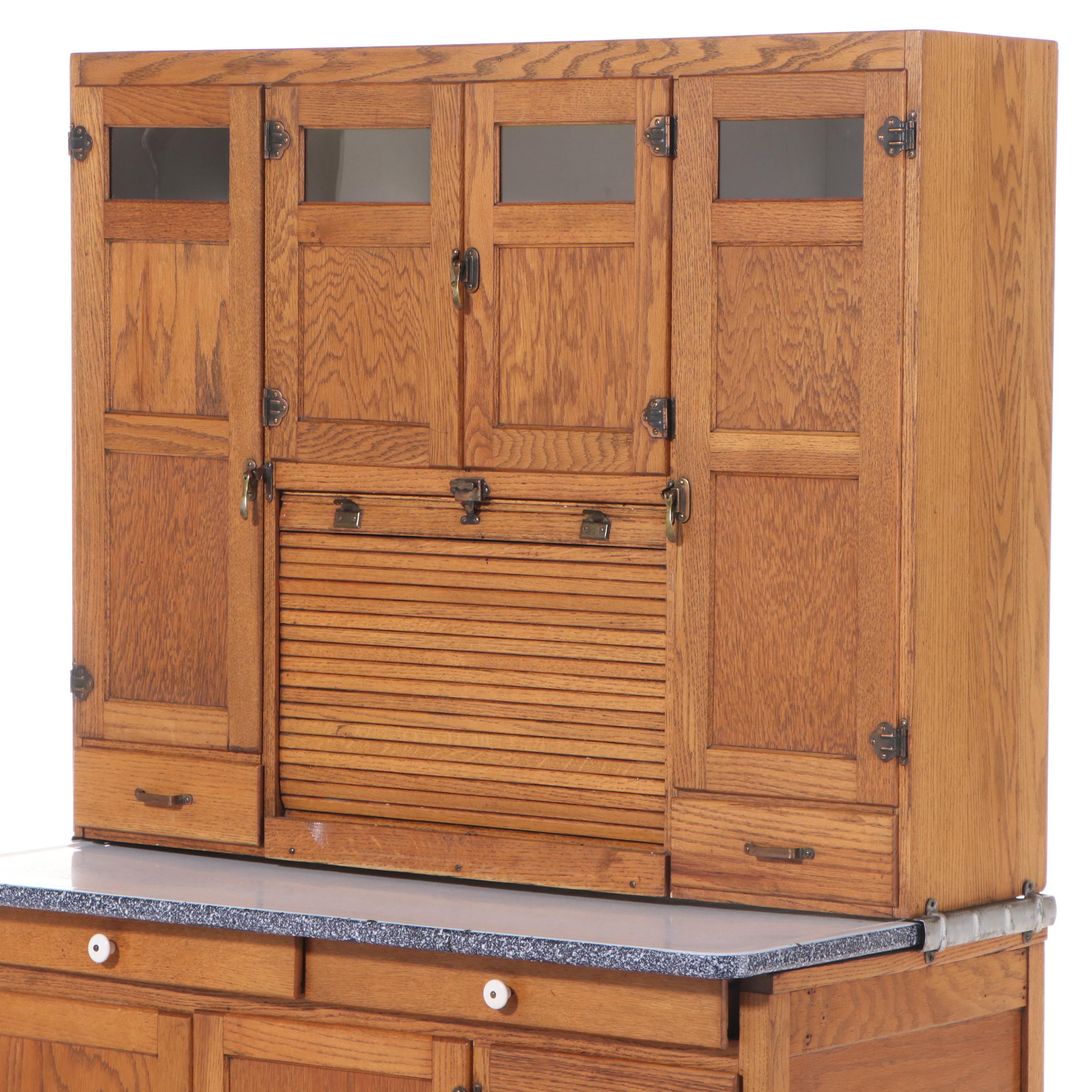 Oak Hoosier-Style Kitchen Cabinet with Enameled Metal Work Surface