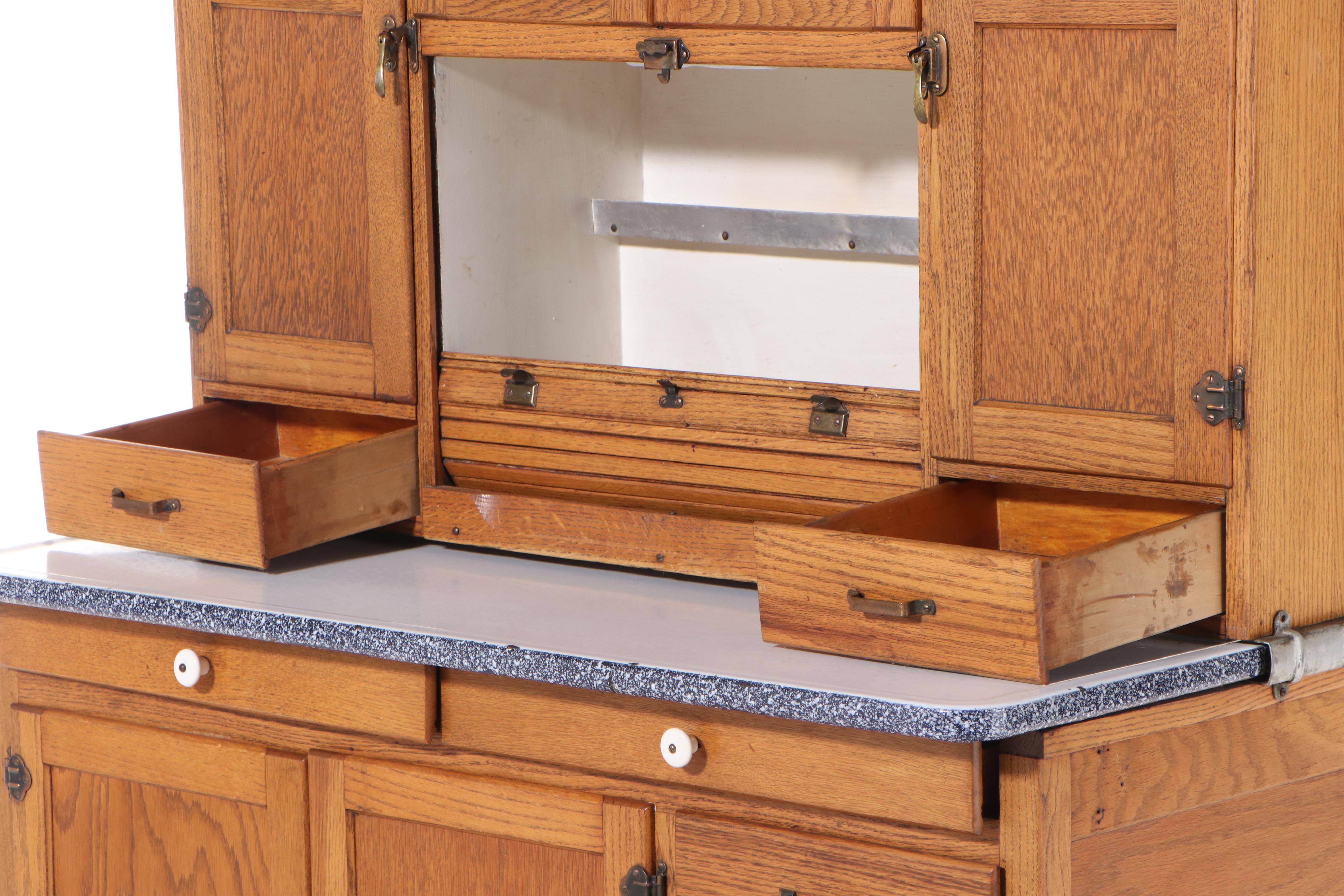 Oak Hoosier-Style Kitchen Cabinet with Enameled Metal Work Surface