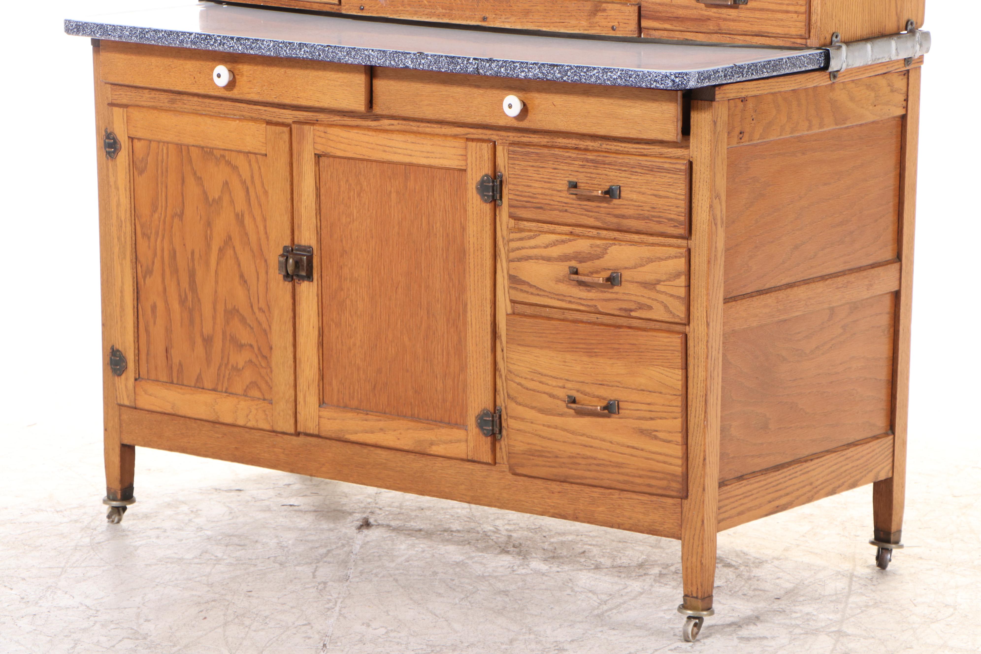 Oak Hoosier-Style Kitchen Cabinet with Enameled Metal Work Surface