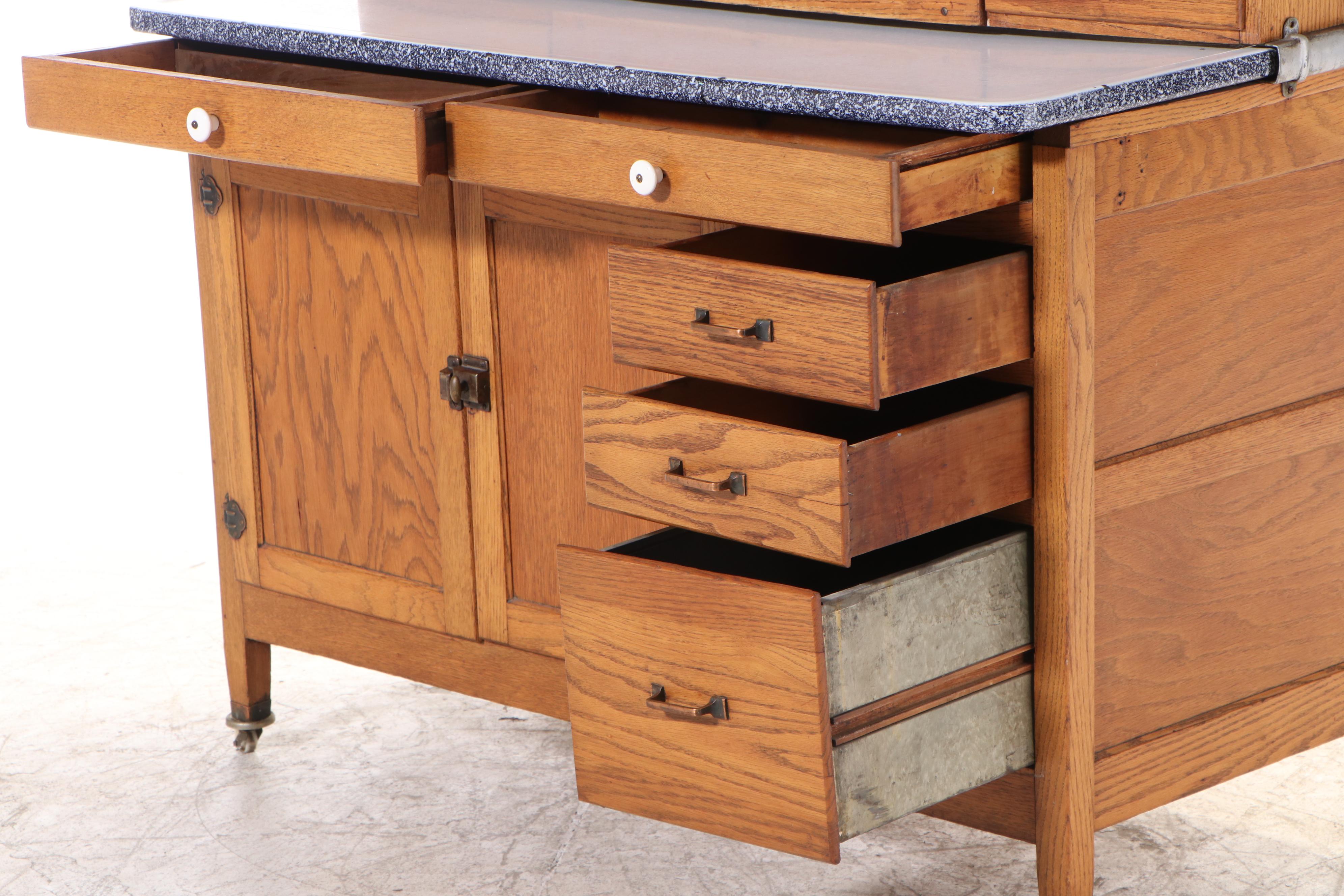 Oak Hoosier-Style Kitchen Cabinet with Enameled Metal Work Surface