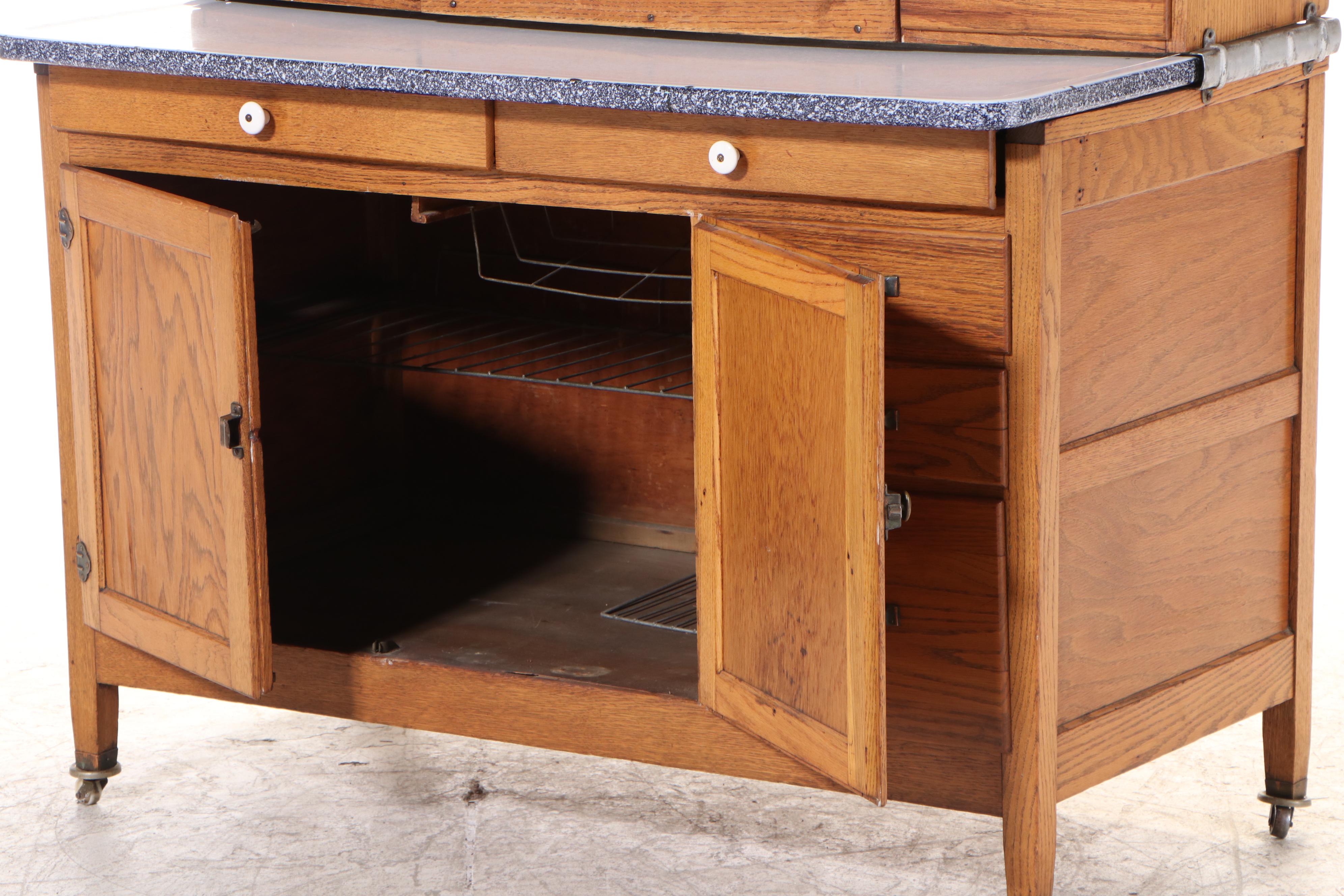 Oak Hoosier-Style Kitchen Cabinet with Enameled Metal Work Surface