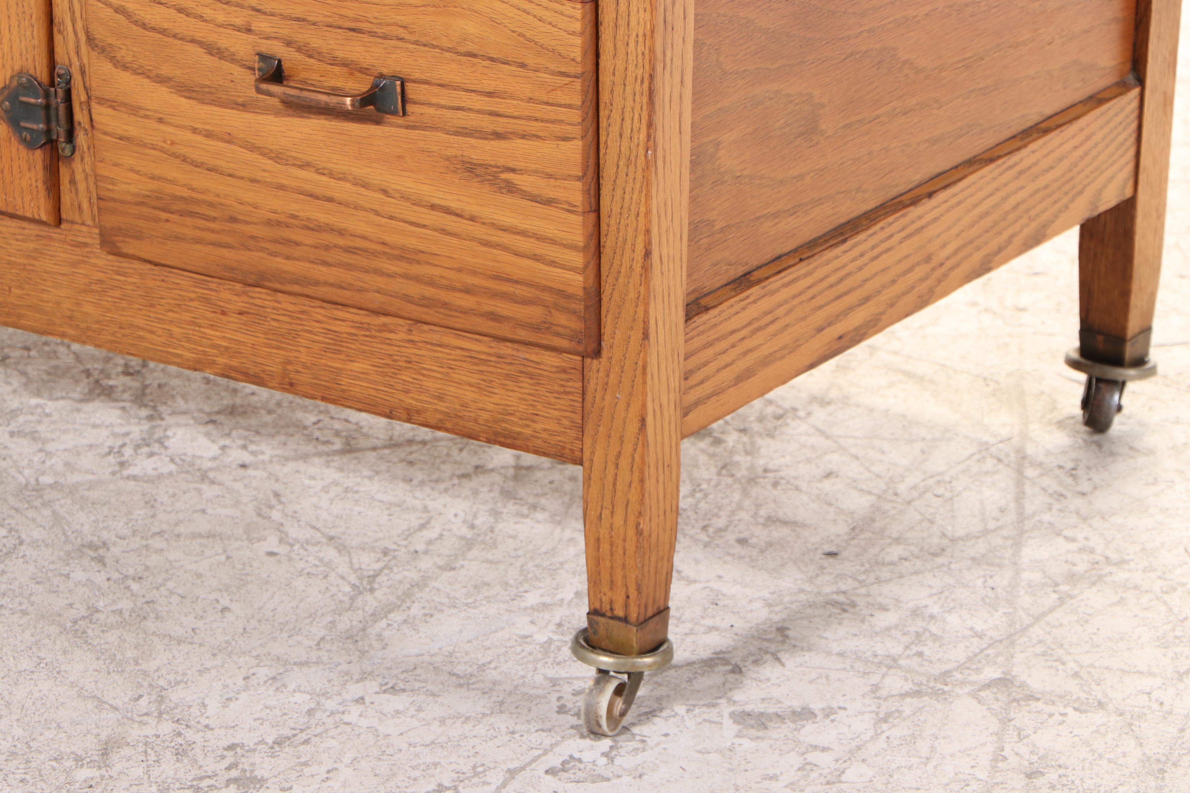 Oak Hoosier-Style Kitchen Cabinet with Enameled Metal Work Surface