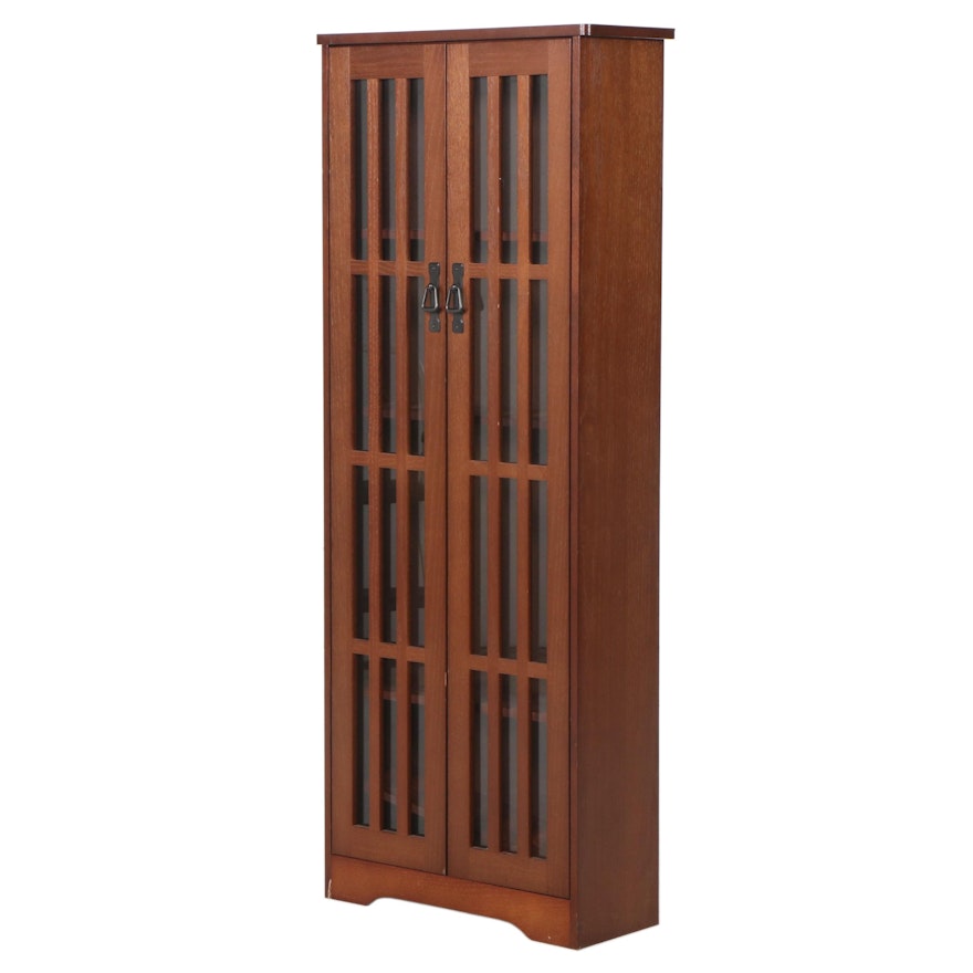 Arts and Crafts Style Oak-Veneered and Glass Media Bookcase Cabinet