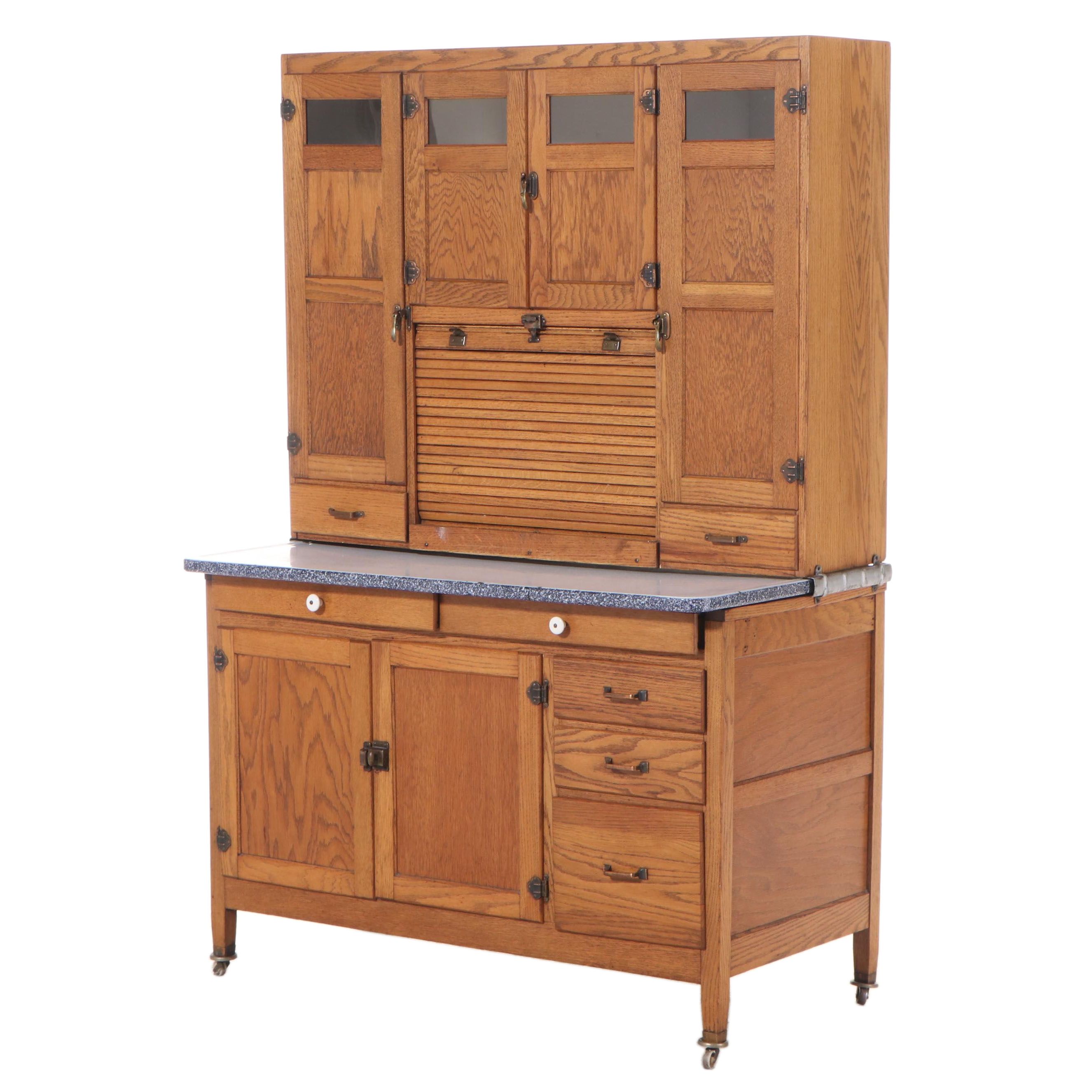 Oak Hoosier-Style Kitchen Cabinet with Enameled Metal Work Surface