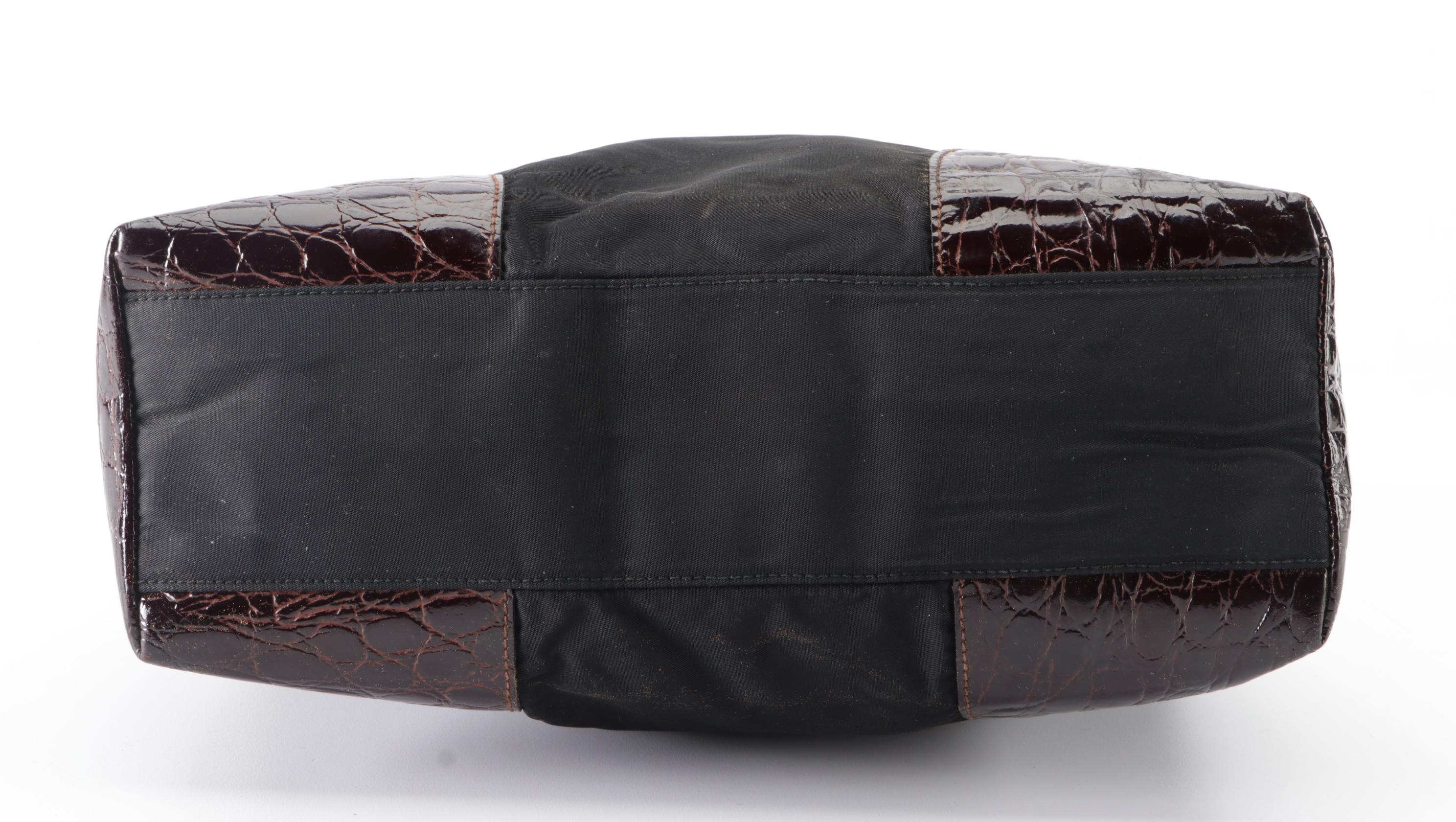 Prada Small Zip Handbag in Black Nylon Gabardine and Croc-Effect Leather