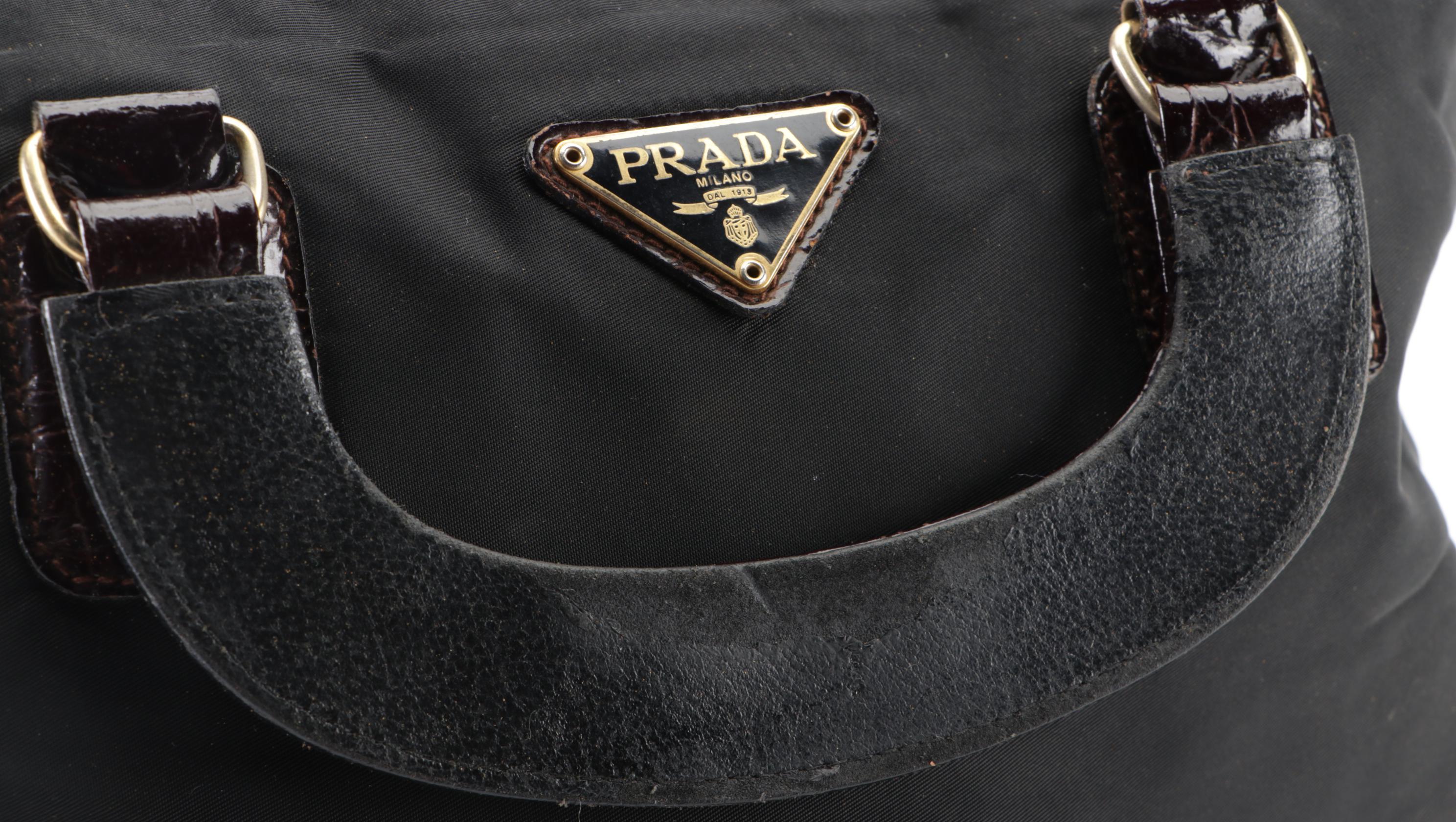 Prada Small Zip Handbag in Black Nylon Gabardine and Croc-Effect Leather