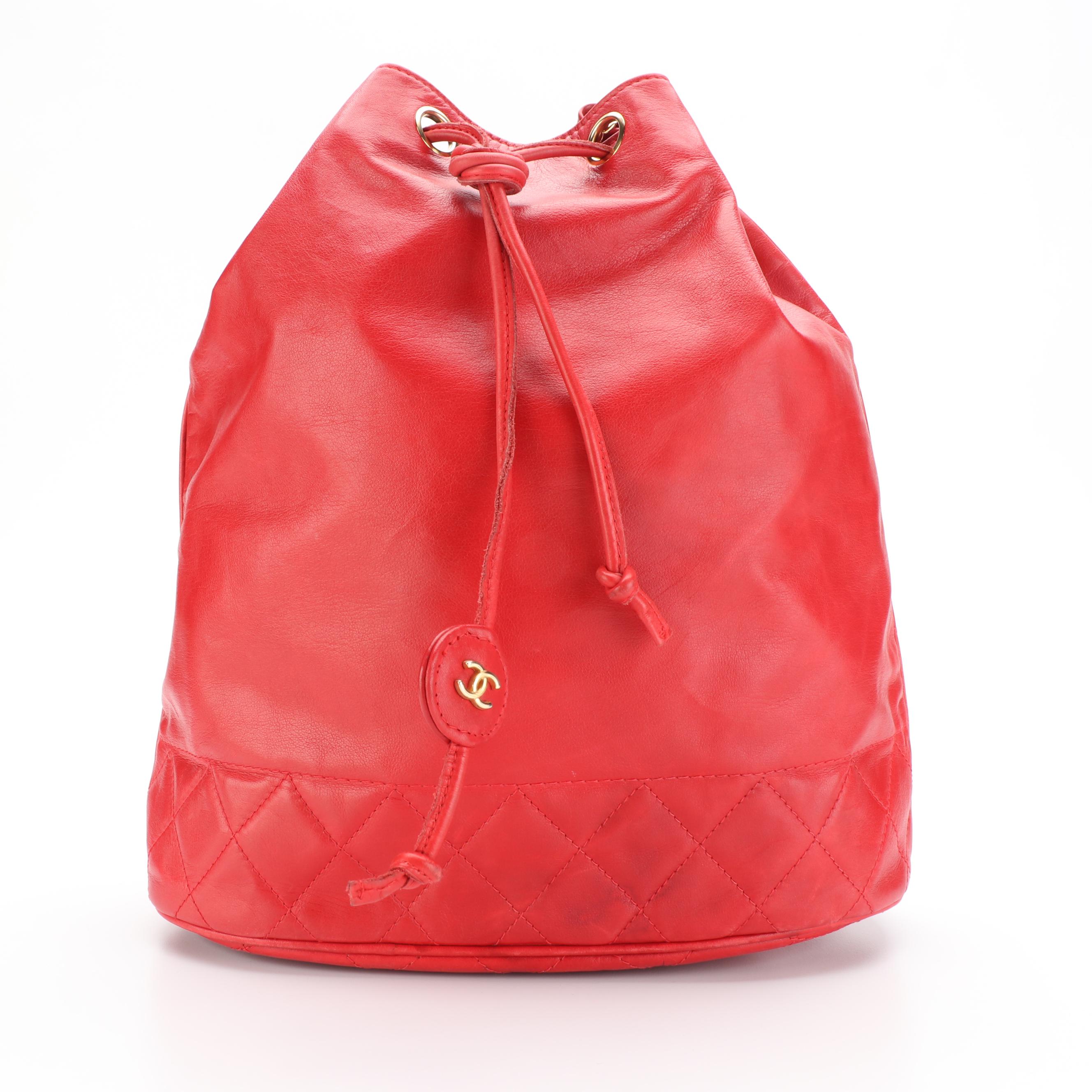Chanel Red Leather Bucket Bag with Zip Pouch