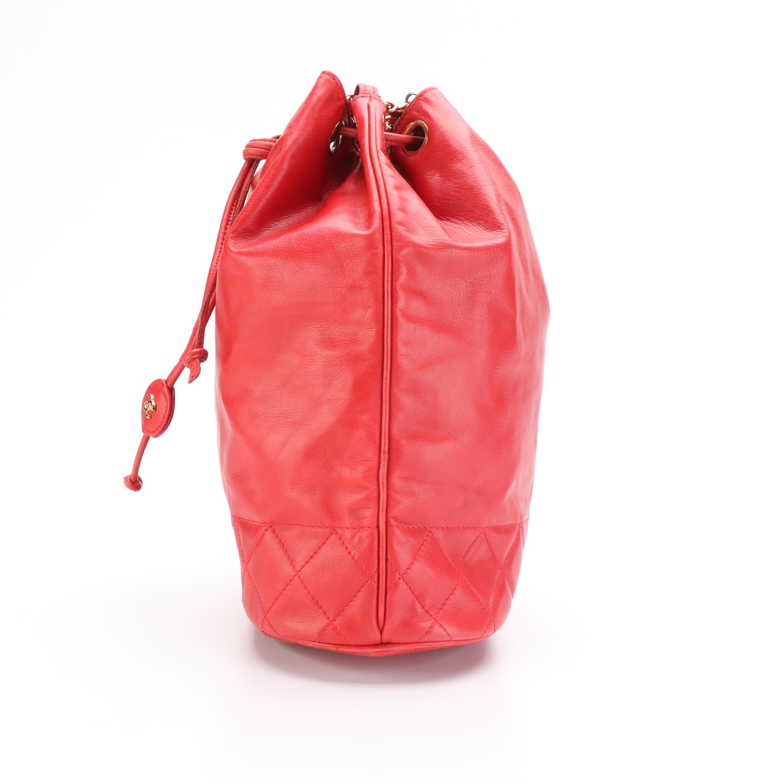 Chanel Red Leather Bucket Bag with Zip Pouch