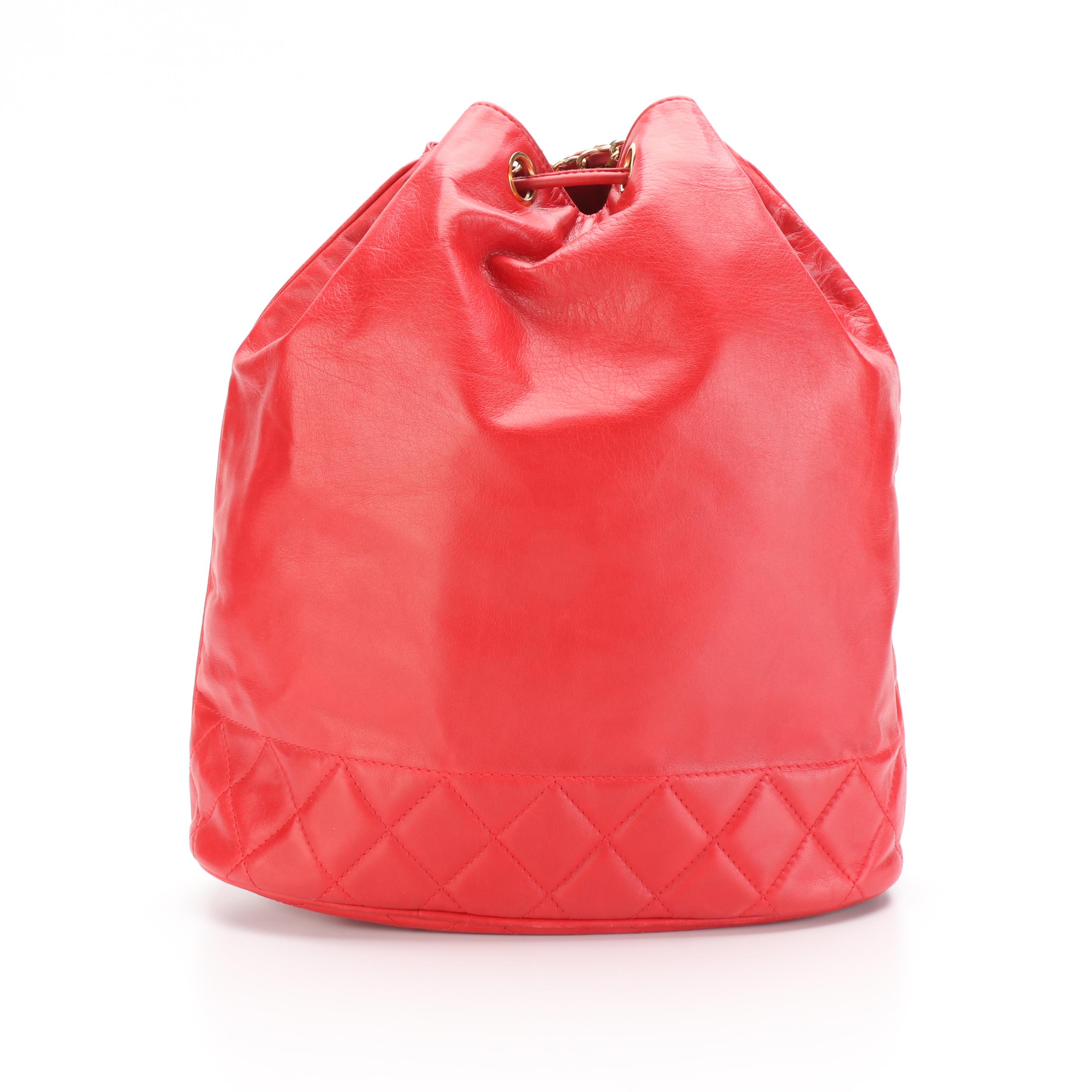 Chanel Red Leather Bucket Bag with Zip Pouch