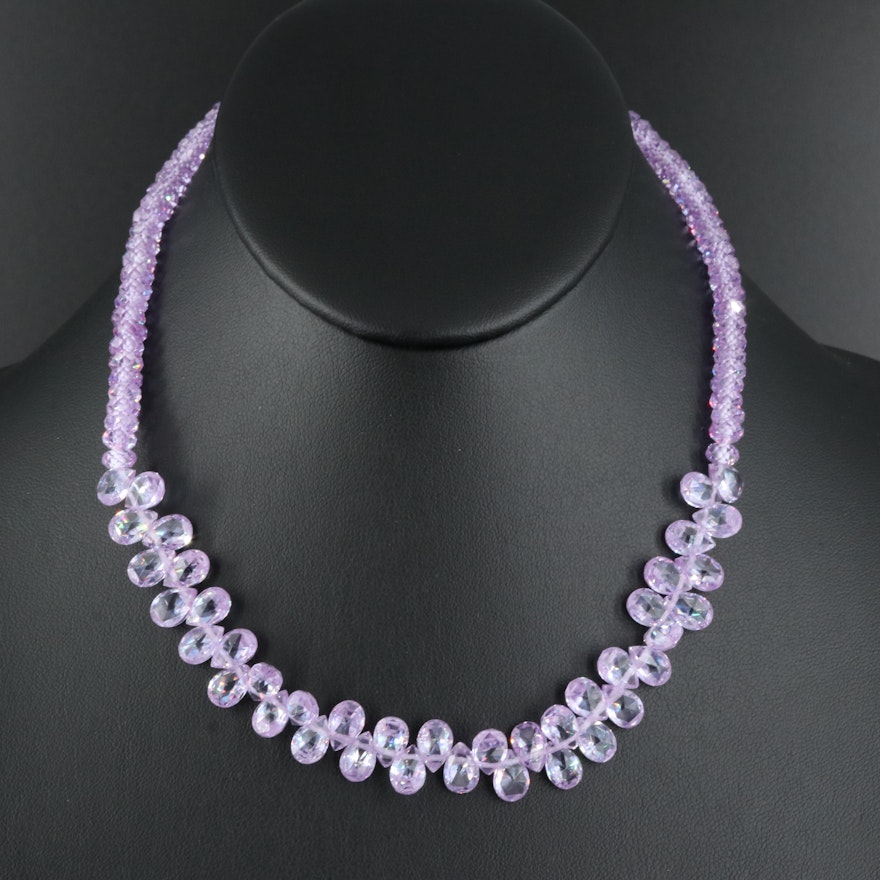 Amethyst, Cubic Zirconia and Glass Bead Necklace with 14K Clasp
