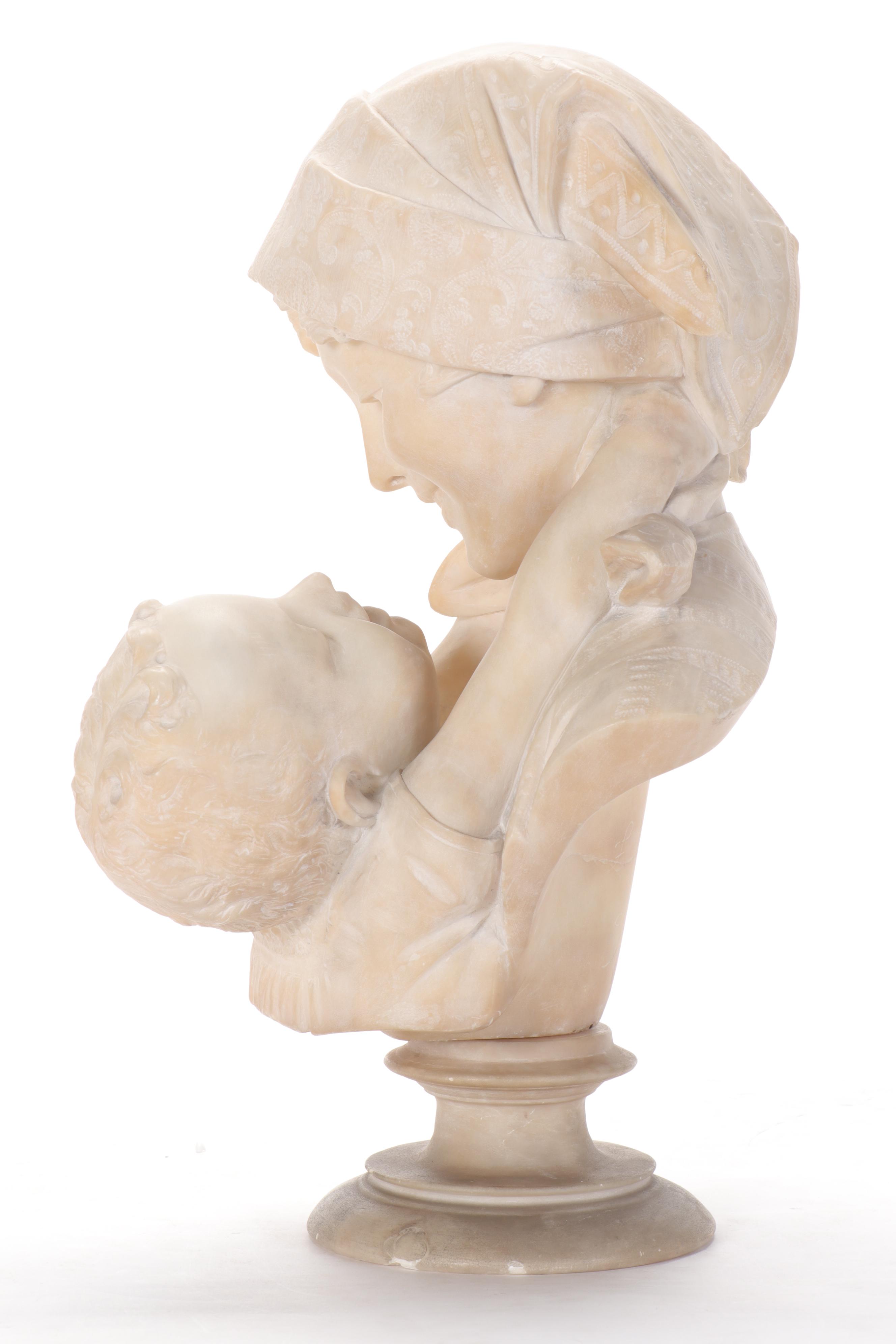 Studio of Fernandino Vichi Alabaster Double-Bust of Mother and Child, 1900