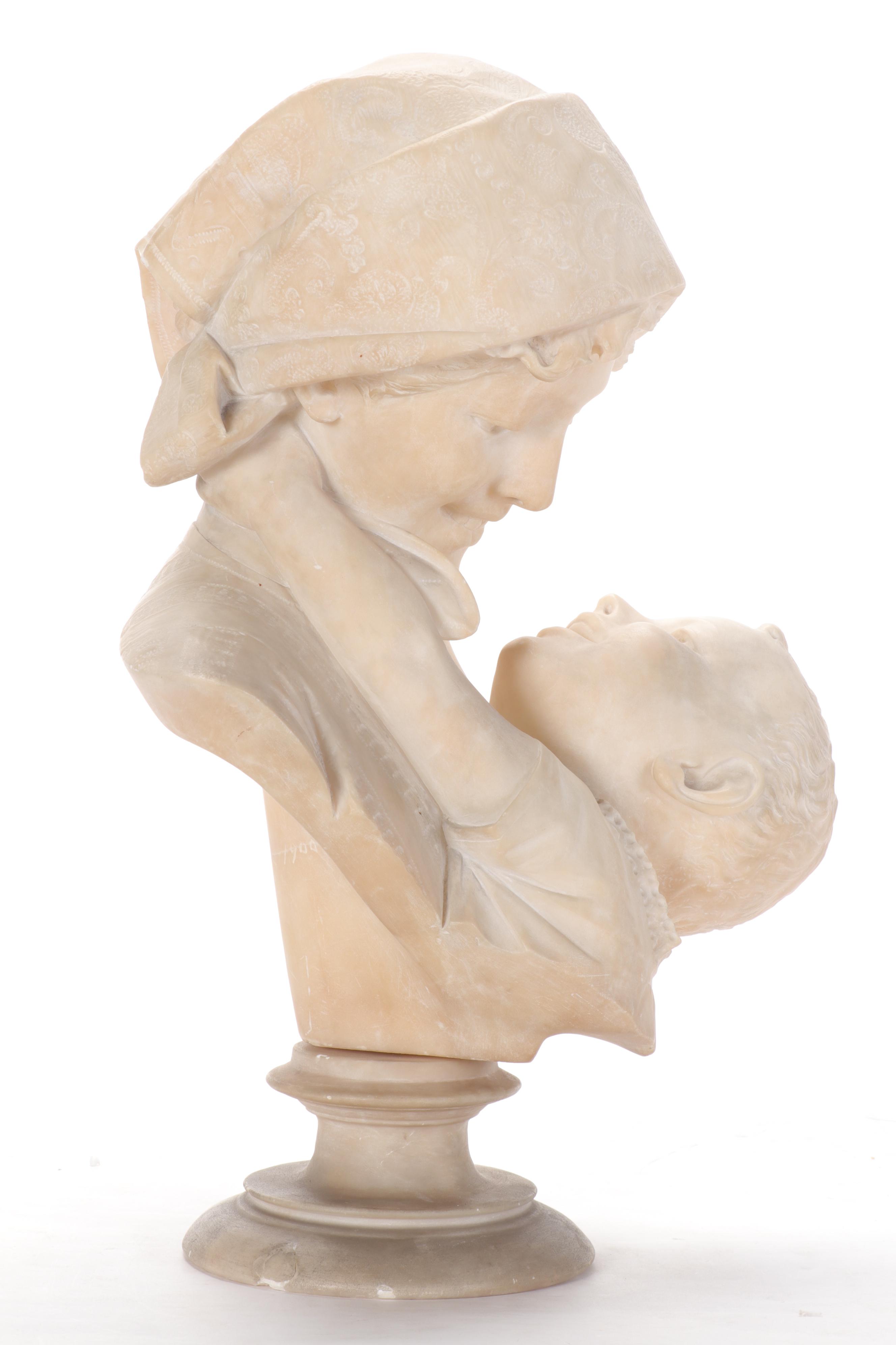 Studio of Fernandino Vichi Alabaster Double-Bust of Mother and Child, 1900