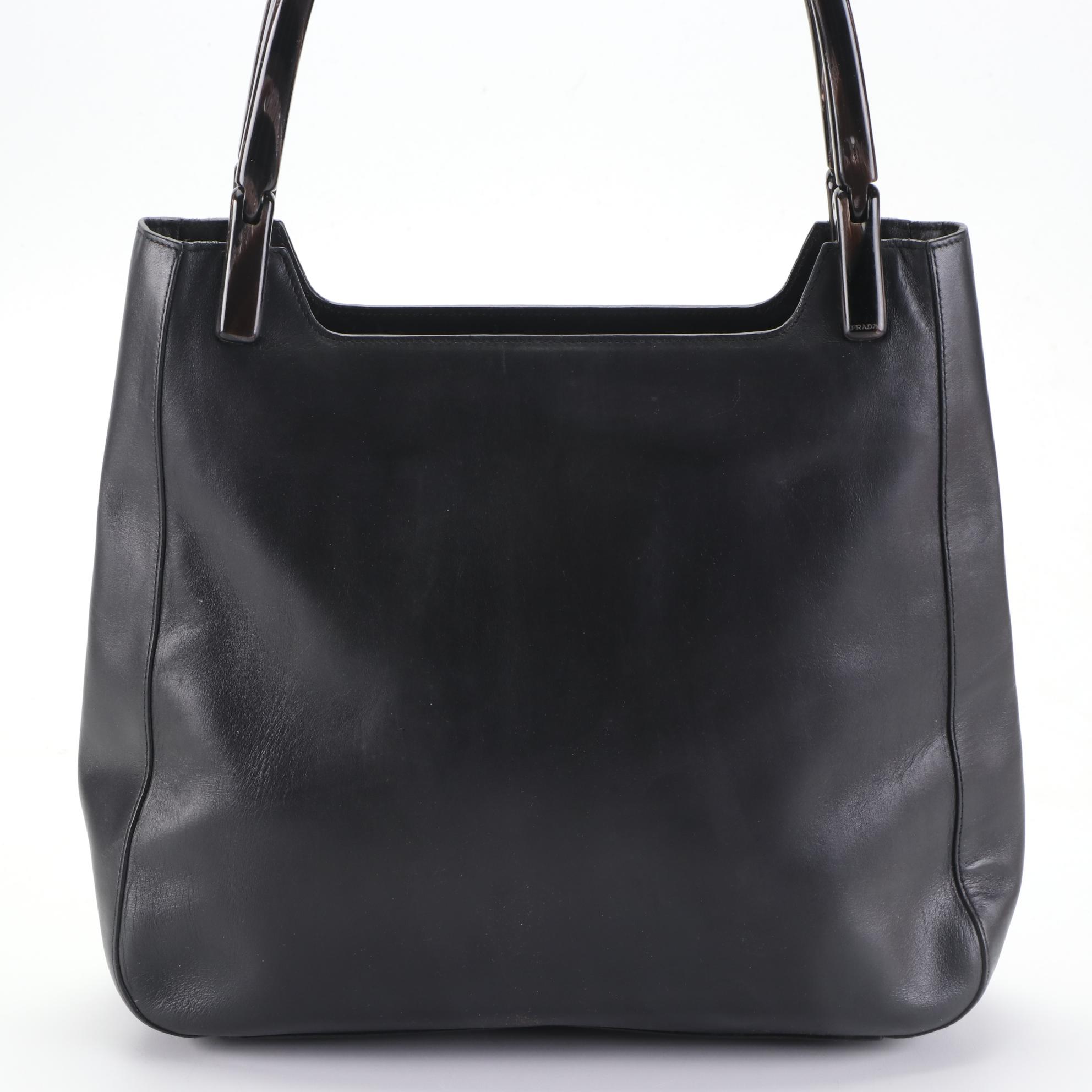 Prada Resin Handle Shoulder Bag in Charcoal Calfskin Leather