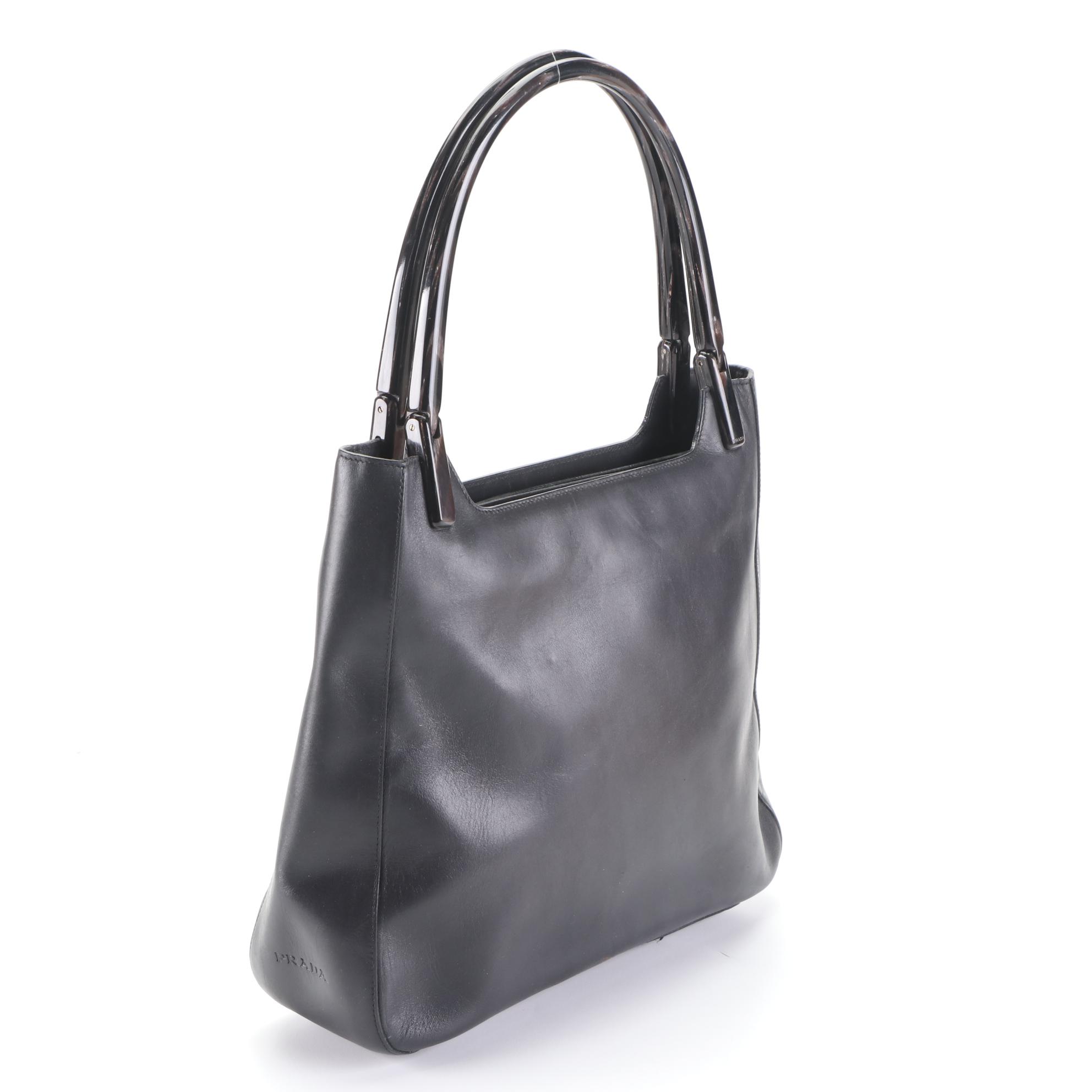 Prada Resin Handle Shoulder Bag in Charcoal Calfskin Leather