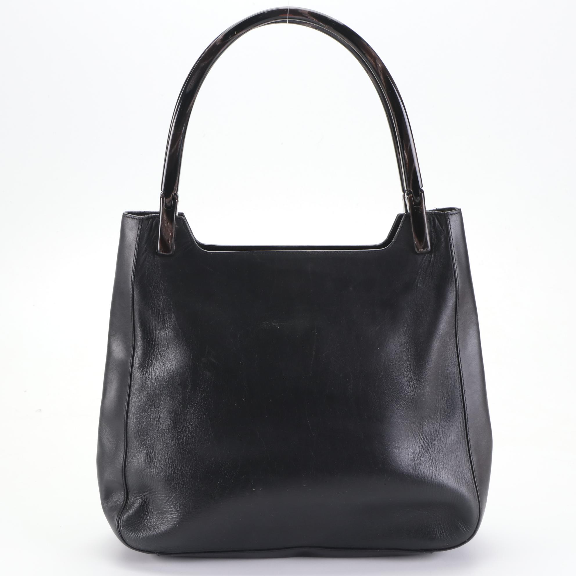 Prada Resin Handle Shoulder Bag in Charcoal Calfskin Leather