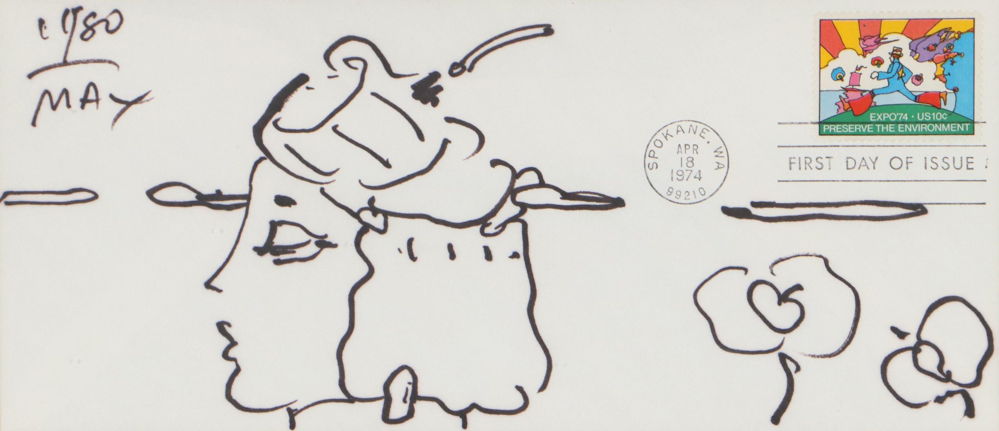 Peter Max Abstract Portrait Ink Drawing, 1980