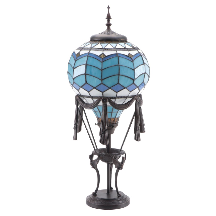 Tiffany Factory Slag Glass Hot Air Balloon Figural Table Lamp, 2013