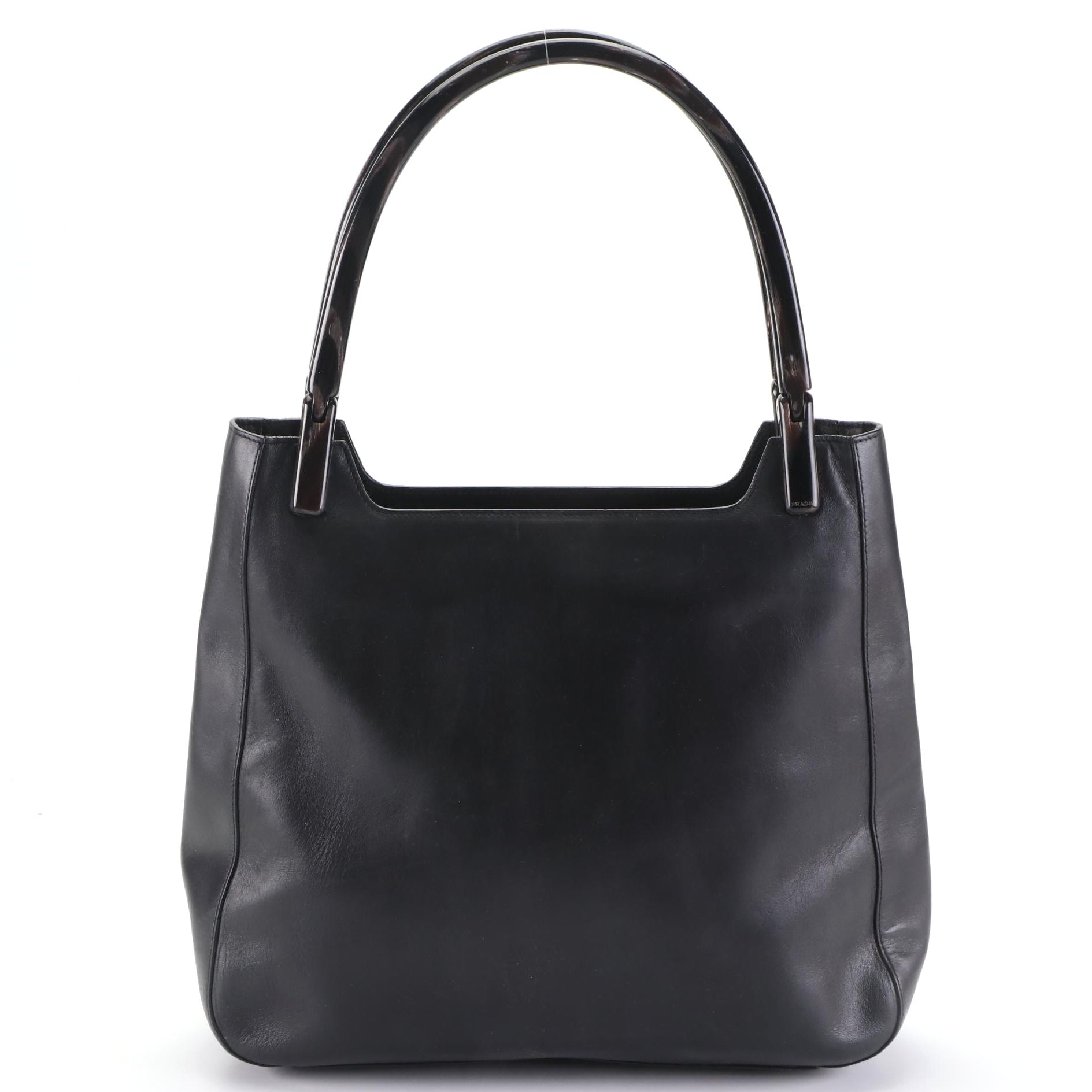 Prada Resin Handle Shoulder Bag in Charcoal Calfskin Leather