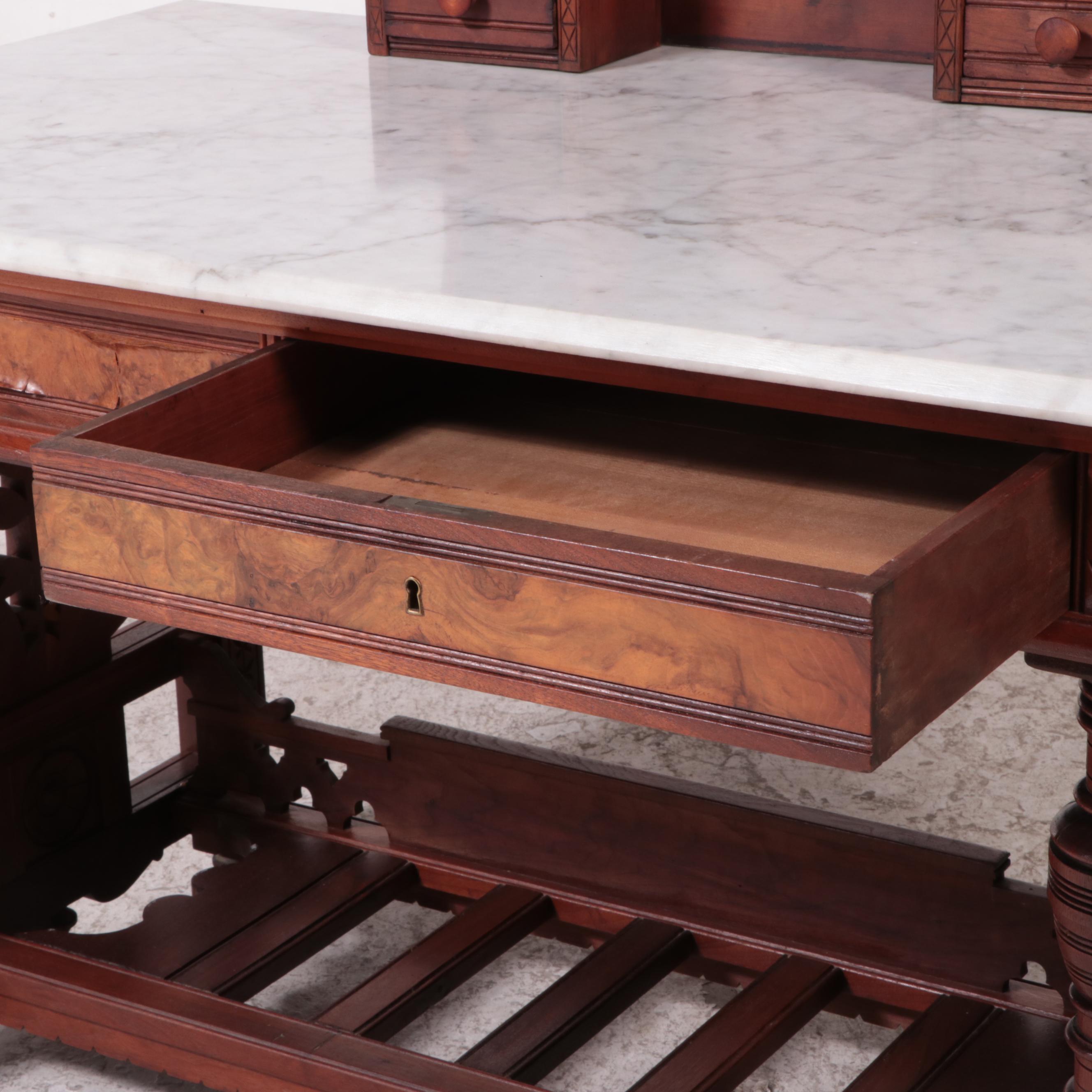 Victorian Eastlake Desk with Marble Top and Detached Wall Shelf