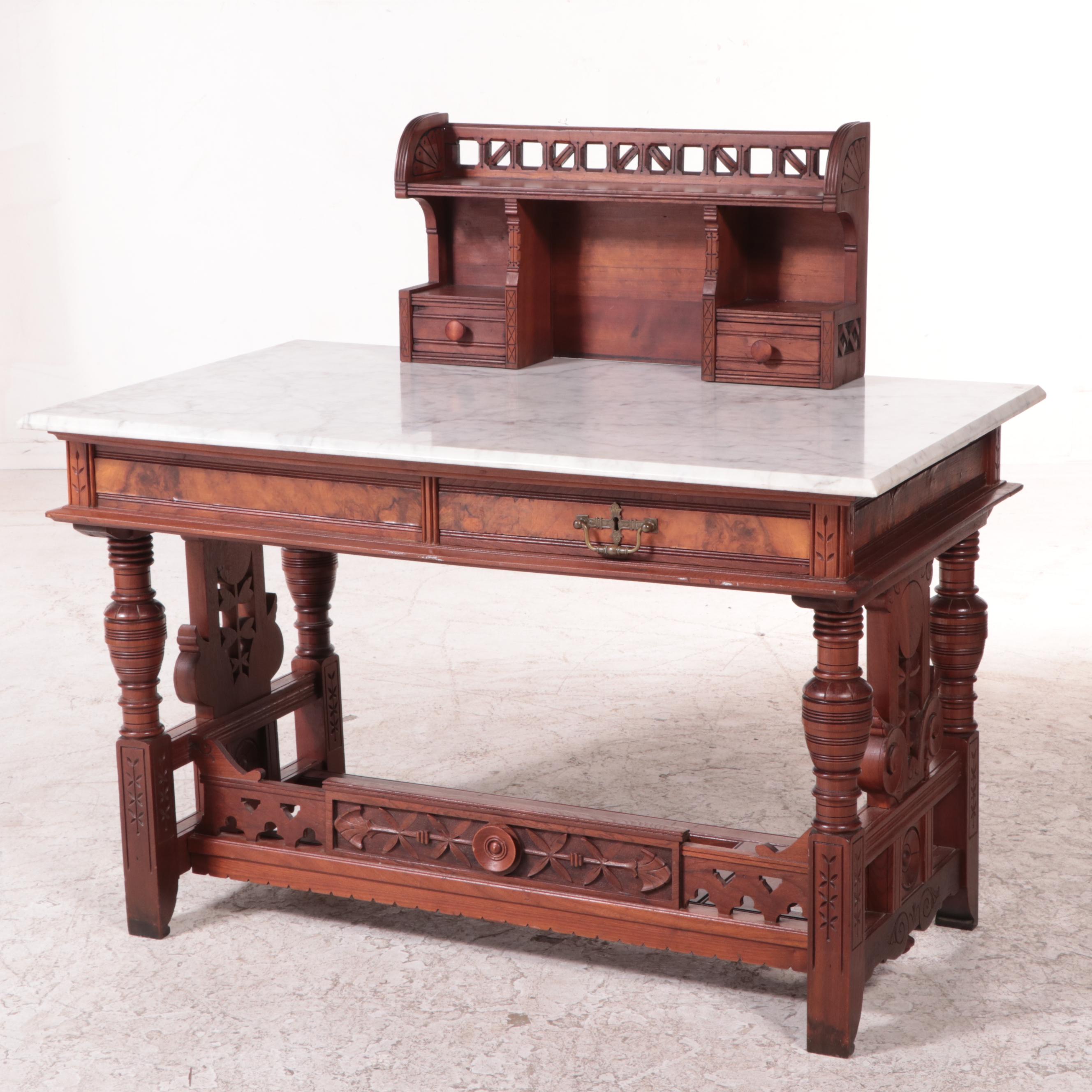 Victorian Eastlake Desk with Marble Top and Detached Wall Shelf