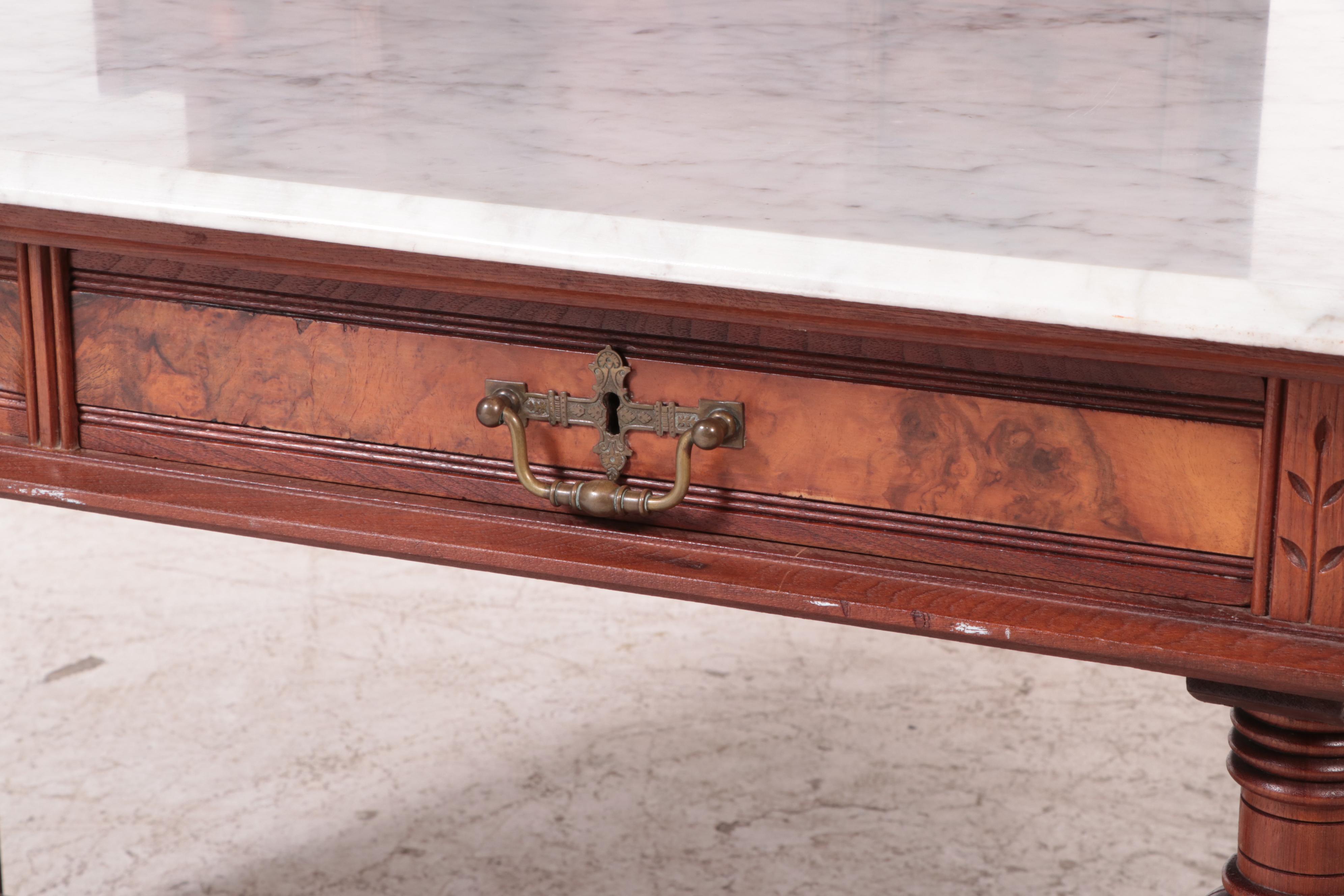 Victorian Eastlake Desk with Marble Top and Detached Wall Shelf