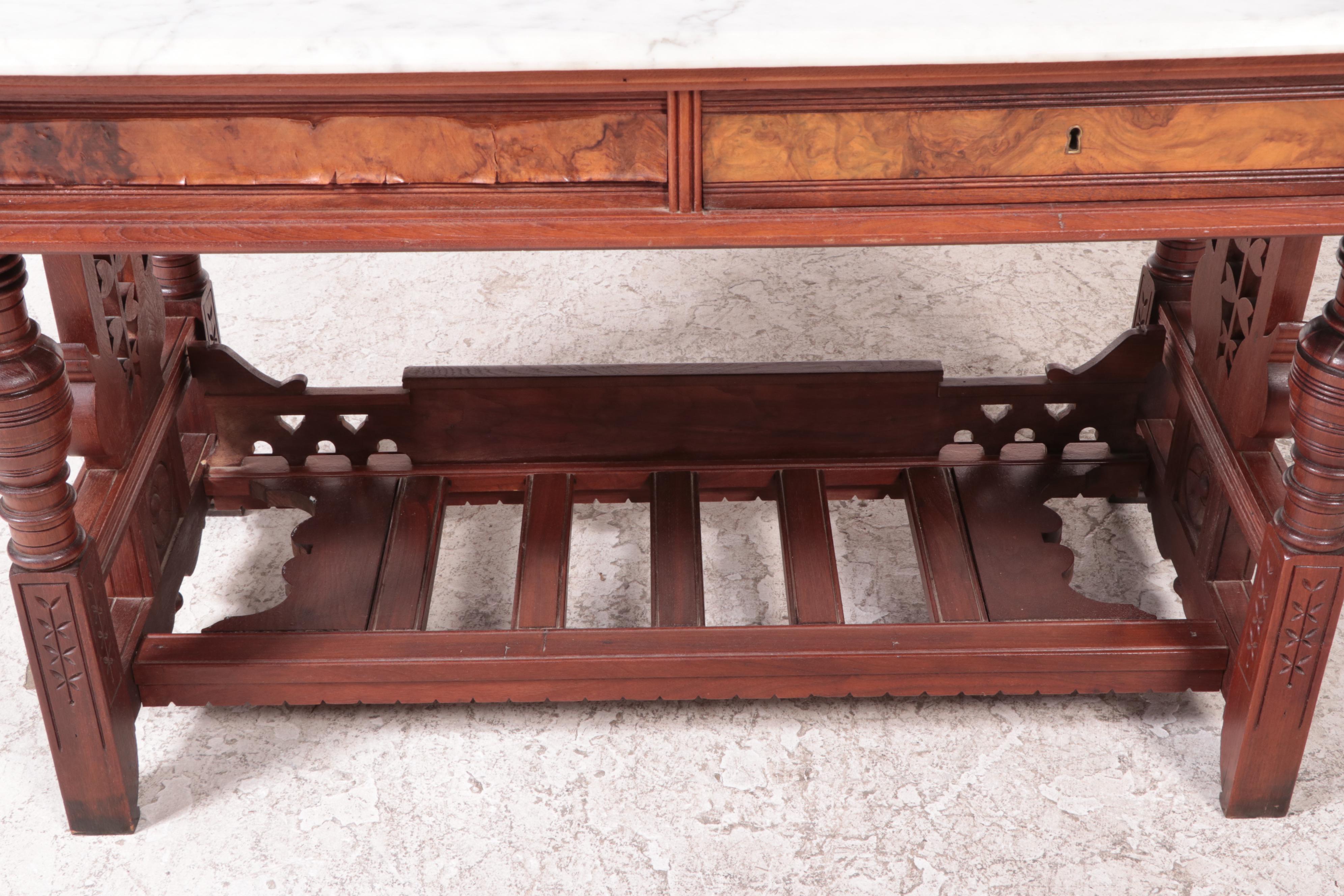 Victorian Eastlake Desk with Marble Top and Detached Wall Shelf