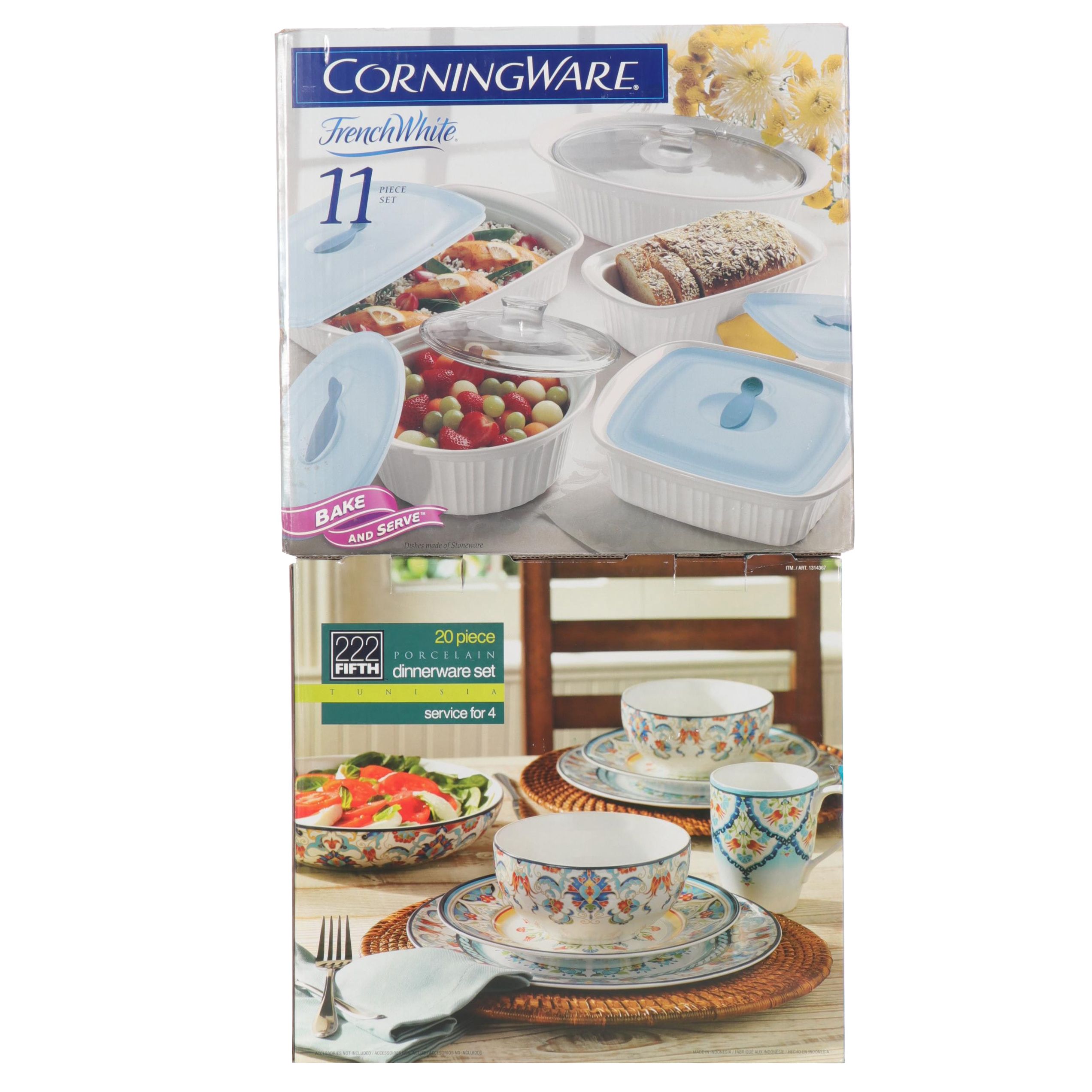 CorningWare "French White" Bakeware and 222 Fifth "Tunisia" Dinnerware