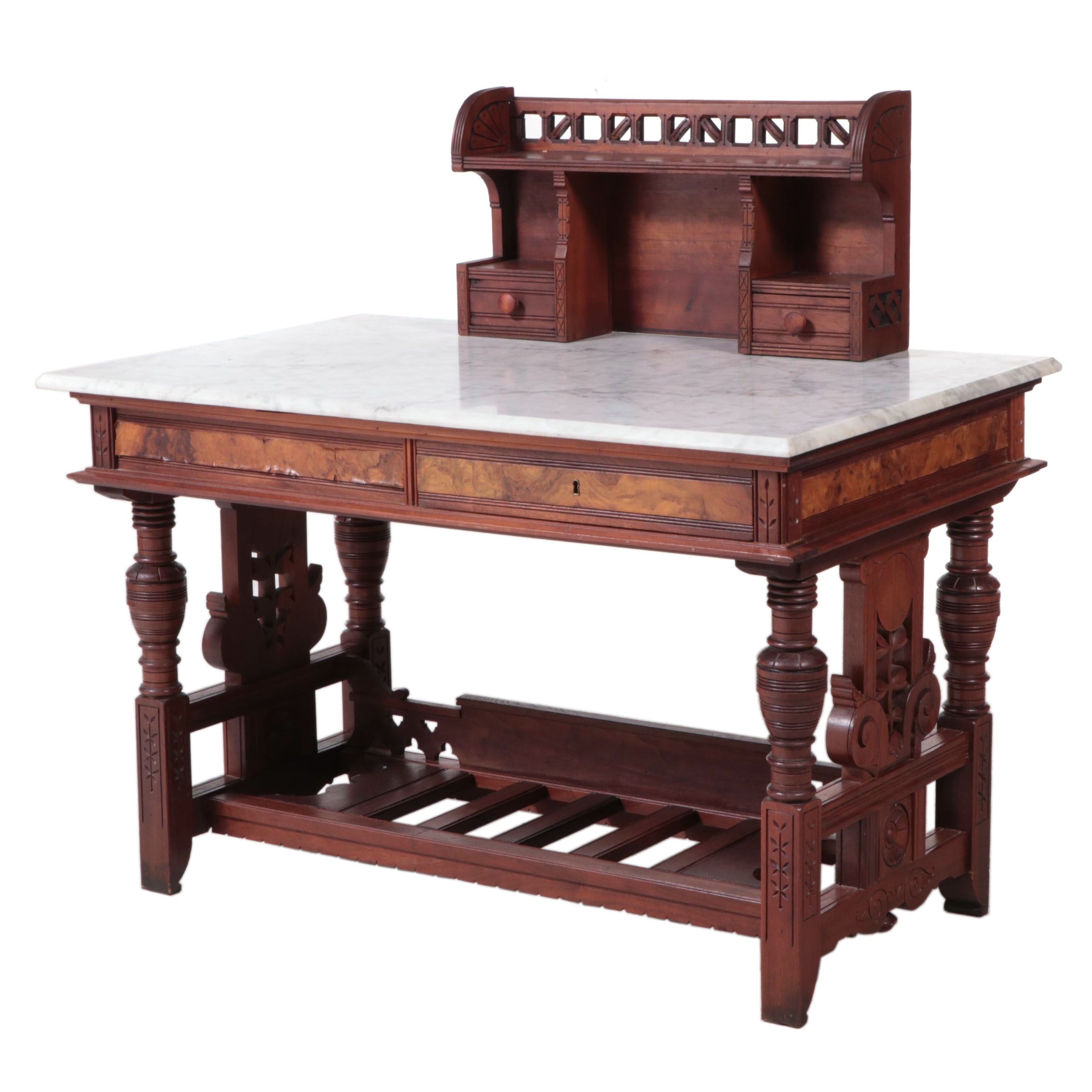 Victorian Eastlake Desk with Marble Top and Detached Wall Shelf