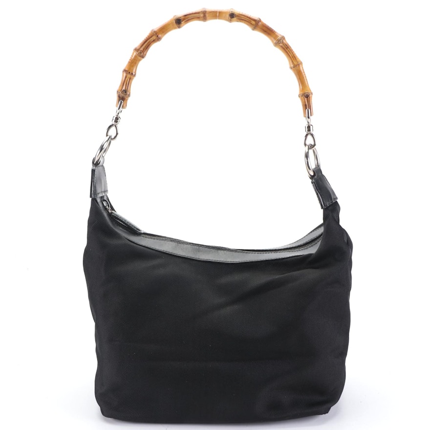 Gucci Bamboo Black Nylon Shoulder Bag with Leather Trim