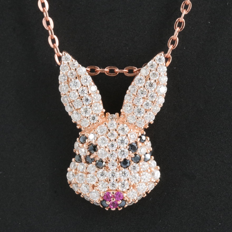 Sterling Moissanite, Ruby and Cubic Zirconia Rabbit Head Necklace