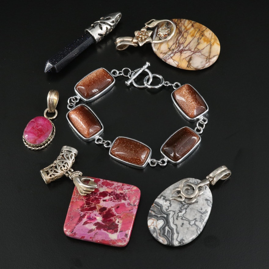 Bracelet and Pendants Featuring Agate, Jasper and Goldstone Glass