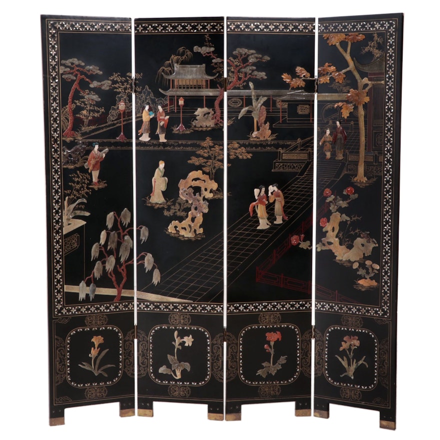 Chinese Lacquered Screen with Abalone Inlay and Carved Stone Figures