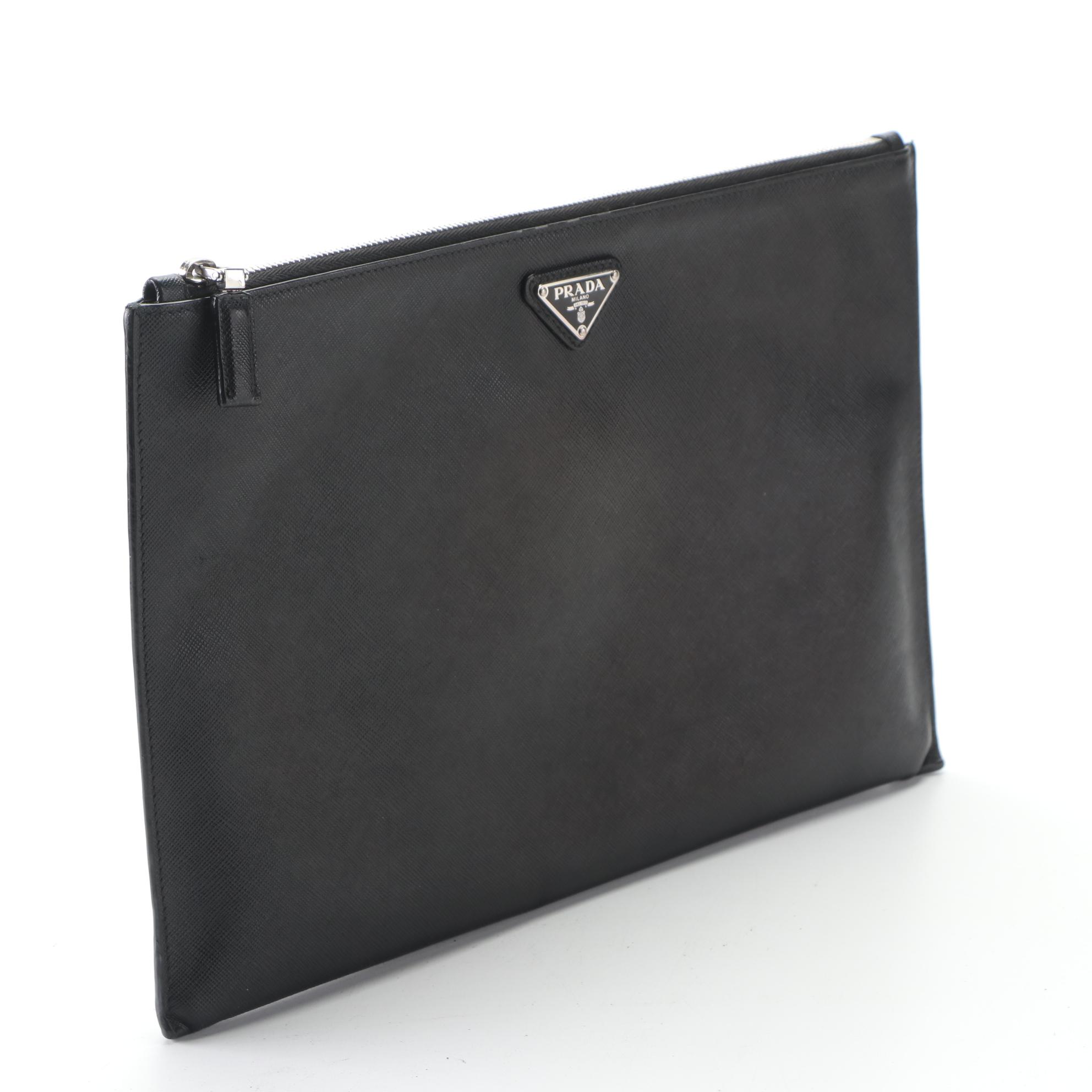 Prada Contenitor Zip Case in Black Saffiano Leather with Box