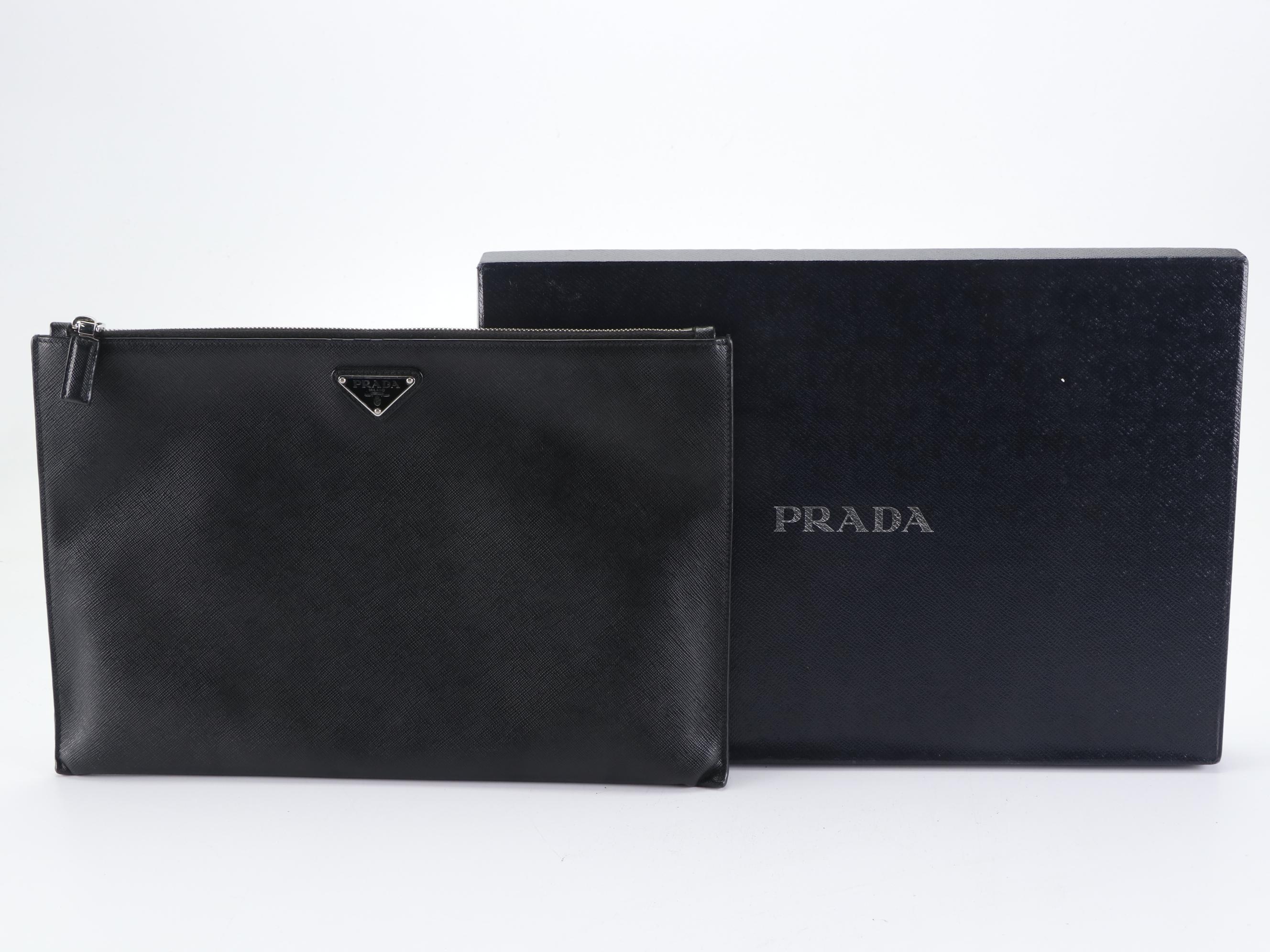 Prada Contenitor Zip Case in Black Saffiano Leather with Box
