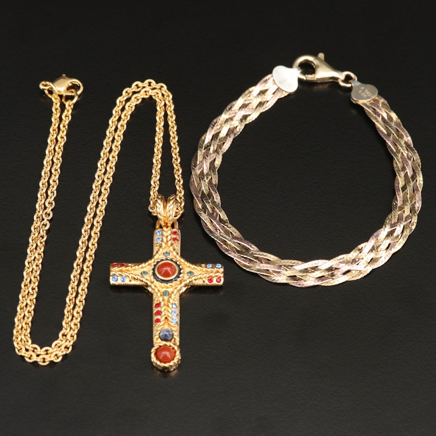Jacqueline B. Kennedy Cross Necklace and Sterling Braided Herringbone Bracelet