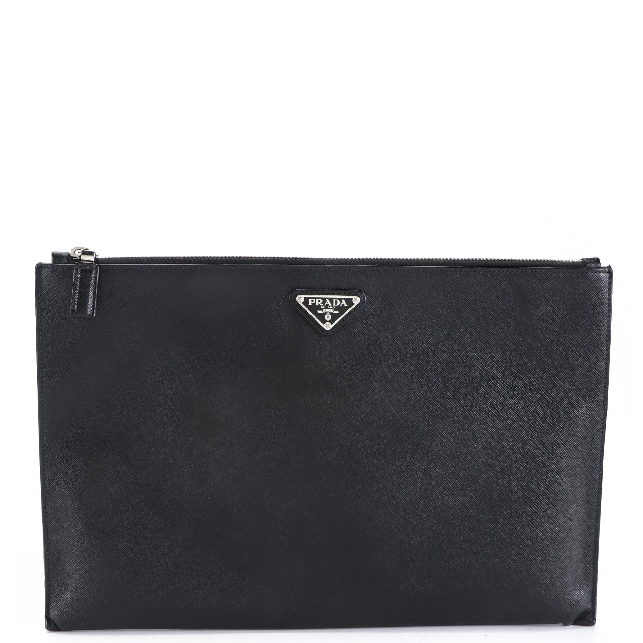 Prada Contenitor Zip Case in Black Saffiano Leather with Box