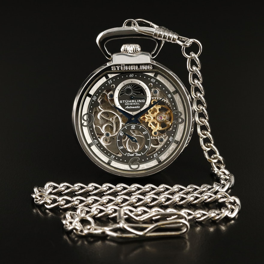 Stuhrling Original Skeletonized Dual Time Pocket Watch