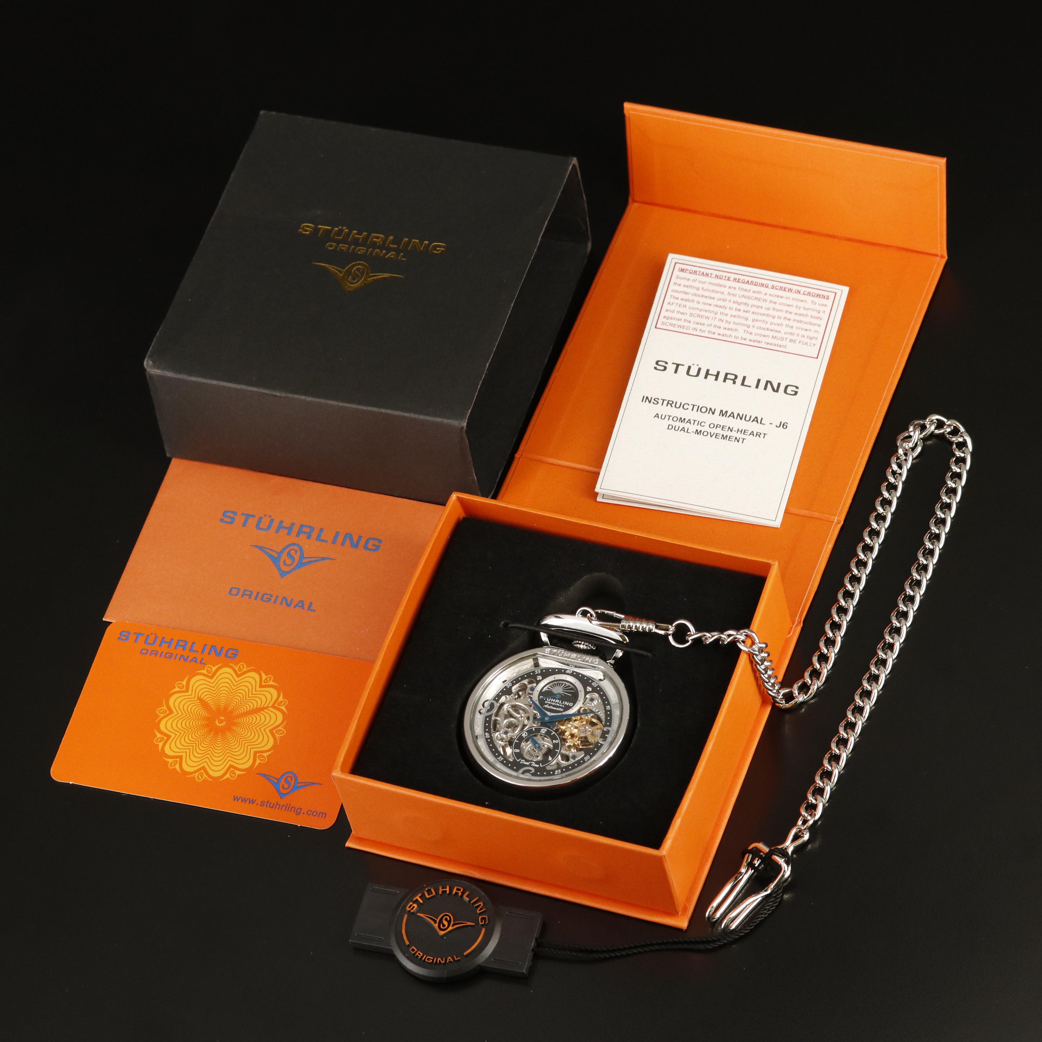 Stuhrling Original Skeletonized Dual Time Pocket Watch