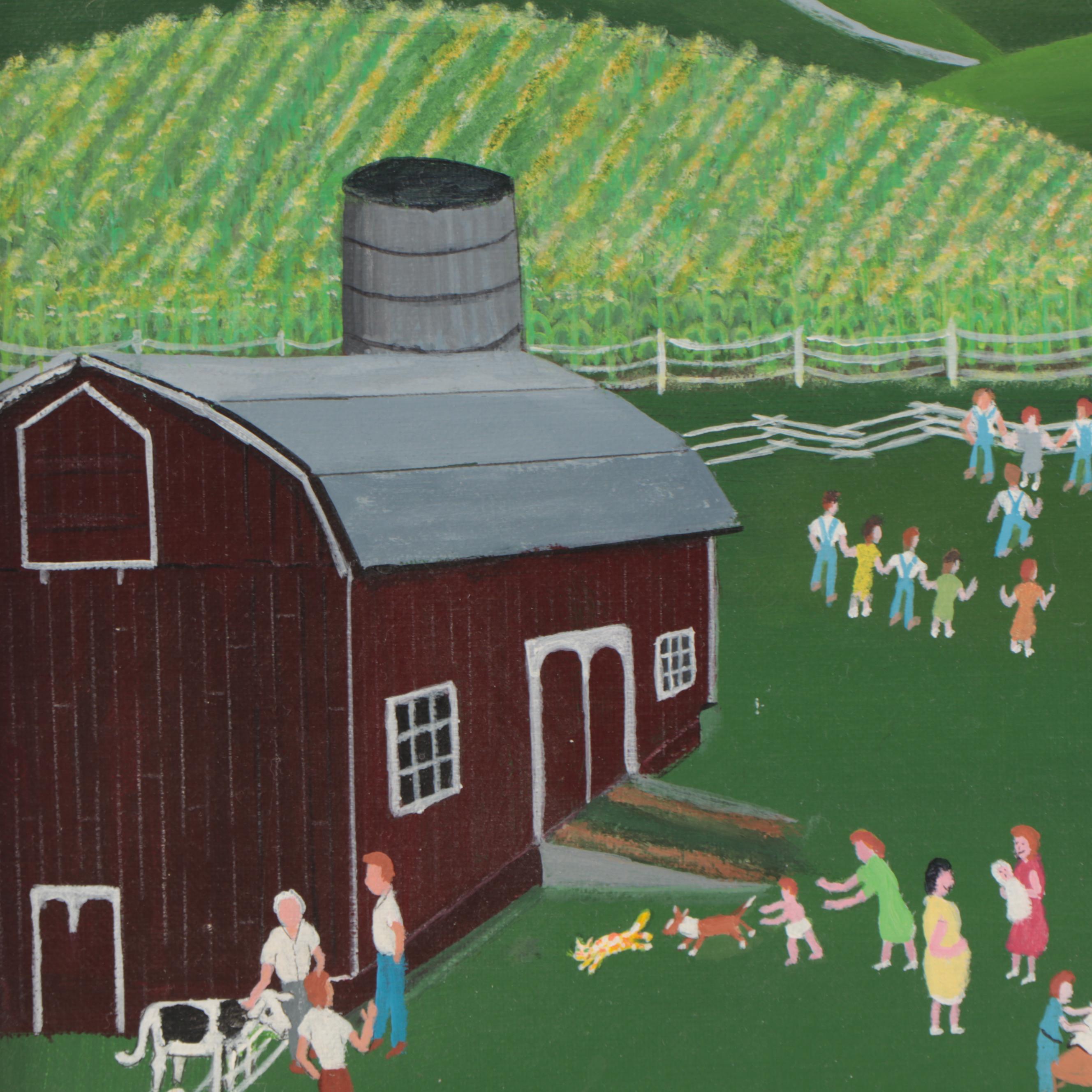 Paul Patton Folk Art Landscape Acrylic Painting of Farm Scene, 1992