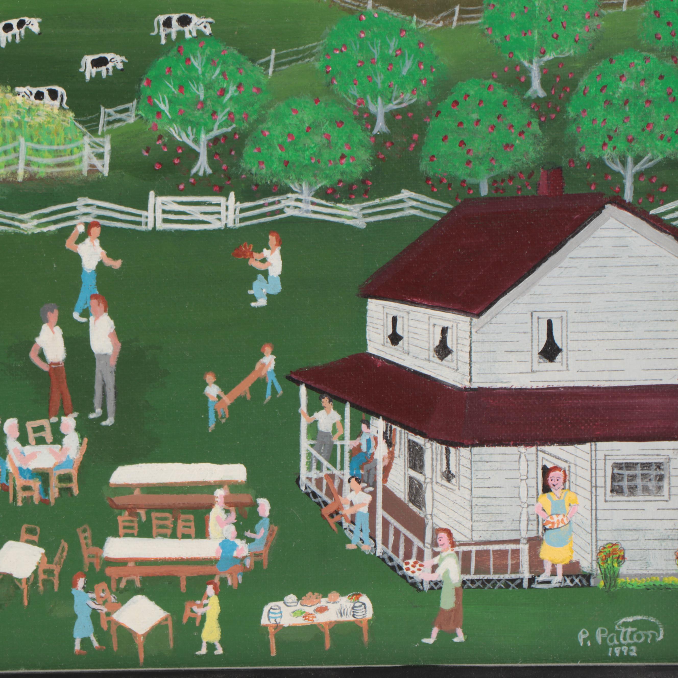 Paul Patton Folk Art Landscape Acrylic Painting of Farm Scene, 1992