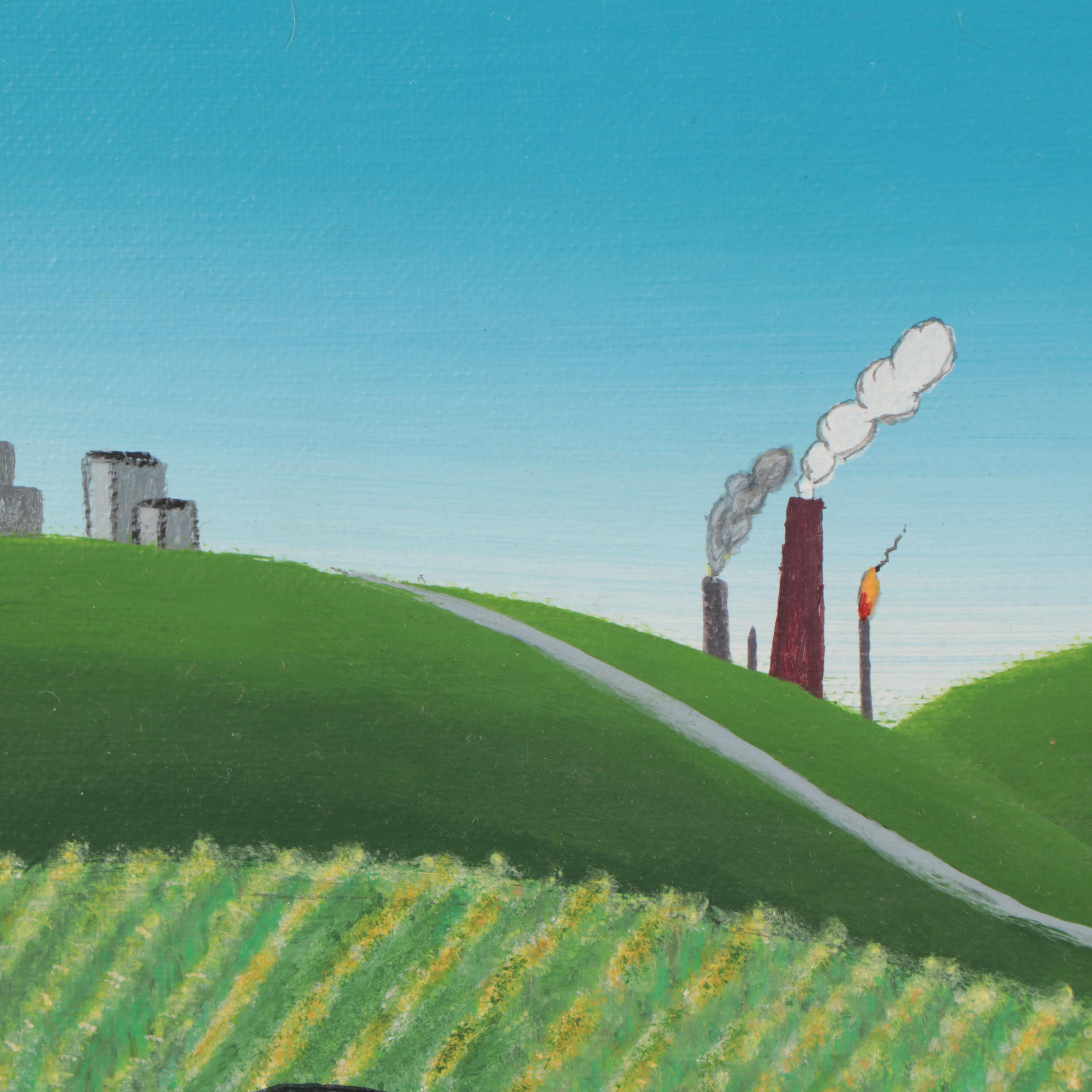 Paul Patton Folk Art Landscape Acrylic Painting of Farm Scene, 1992