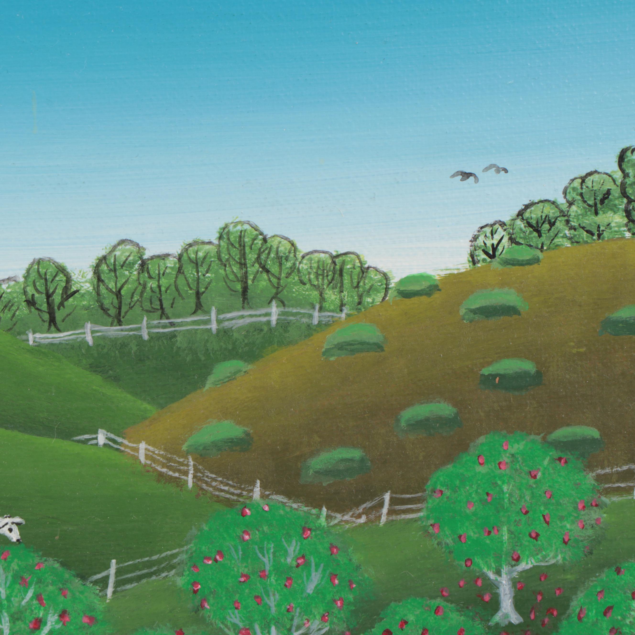 Paul Patton Folk Art Landscape Acrylic Painting of Farm Scene, 1992