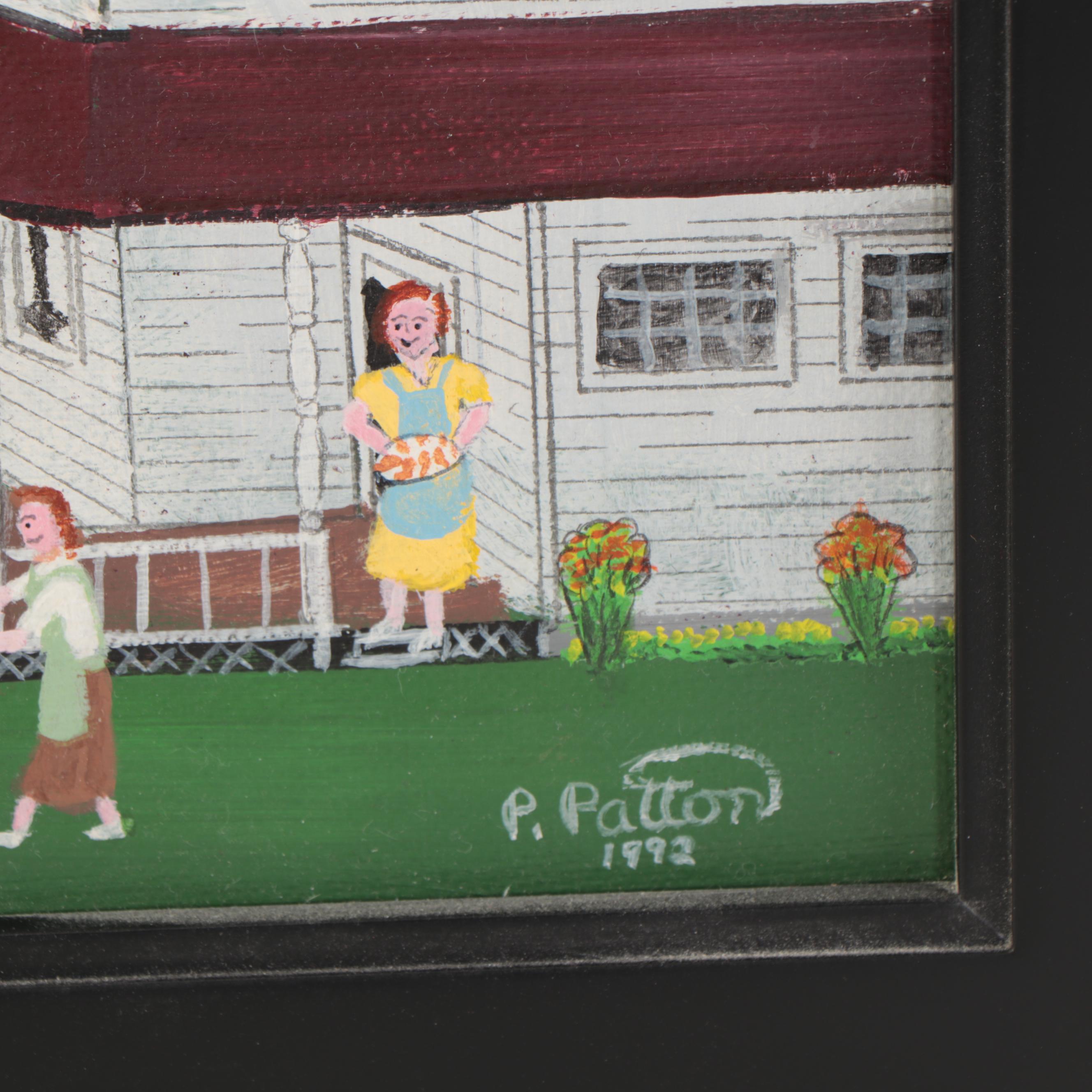 Paul Patton Folk Art Landscape Acrylic Painting of Farm Scene, 1992