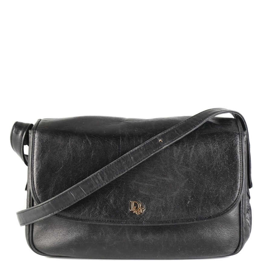 Christian Dior Flap Front Shoulder Bag in Black Leather