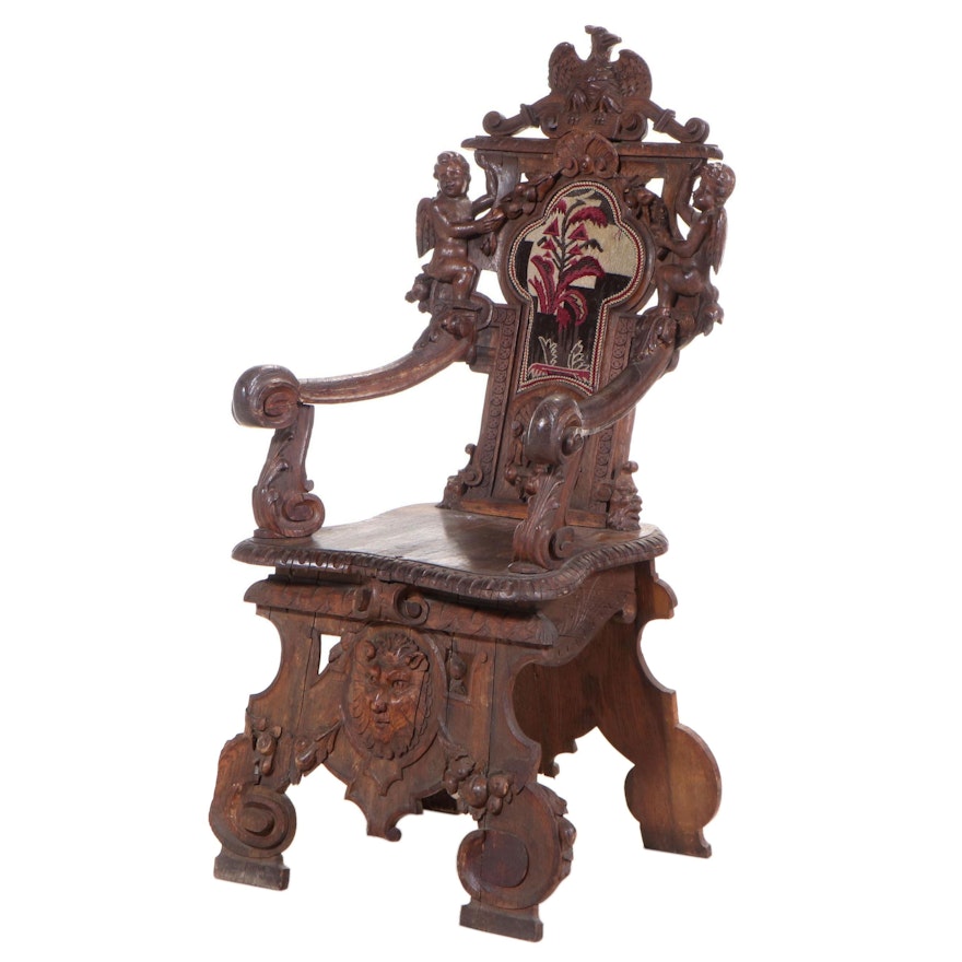 Renaissance Revival Carved Oak Sgabello Chair, Late 19th Century
