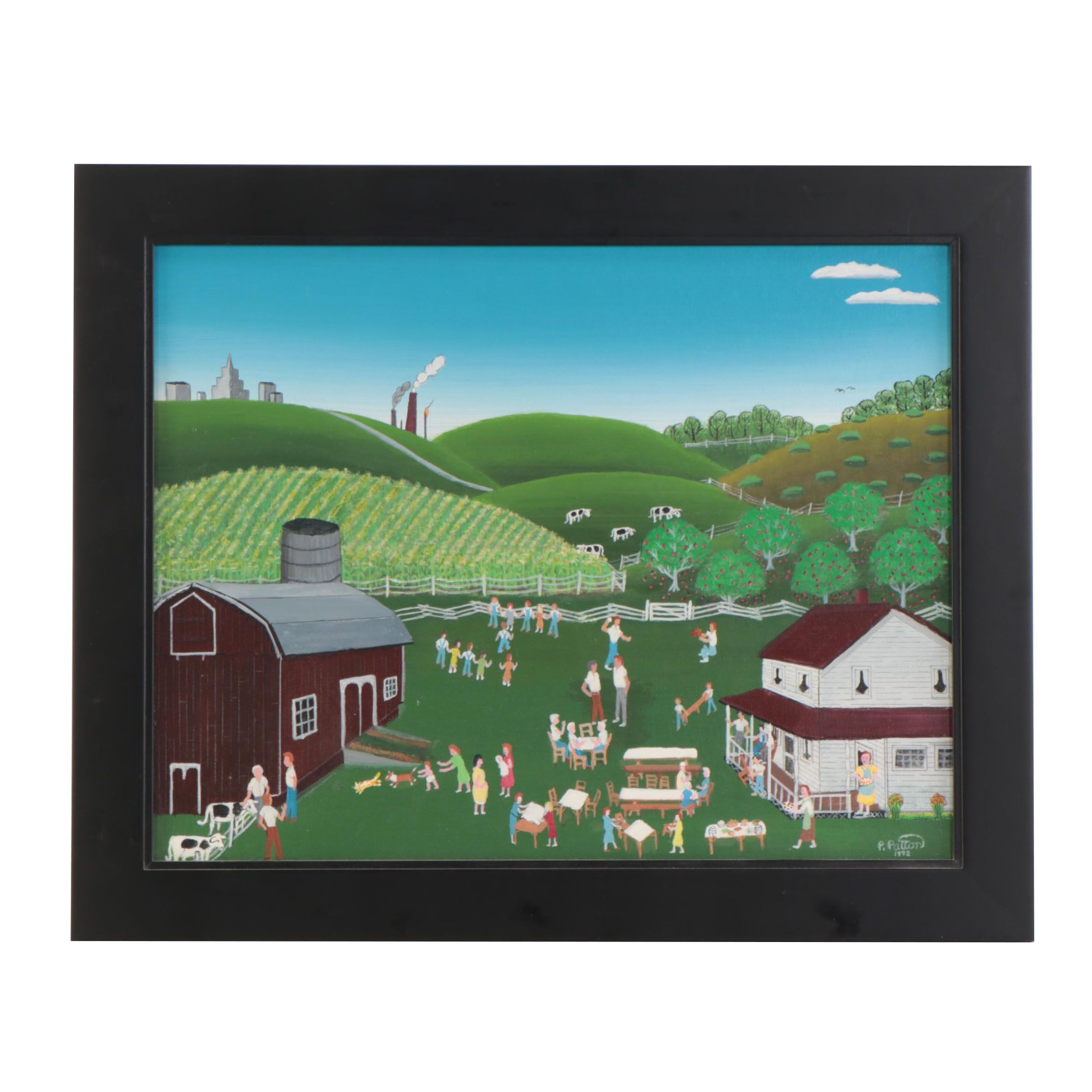 Paul Patton Folk Art Landscape Acrylic Painting of Farm Scene, 1992