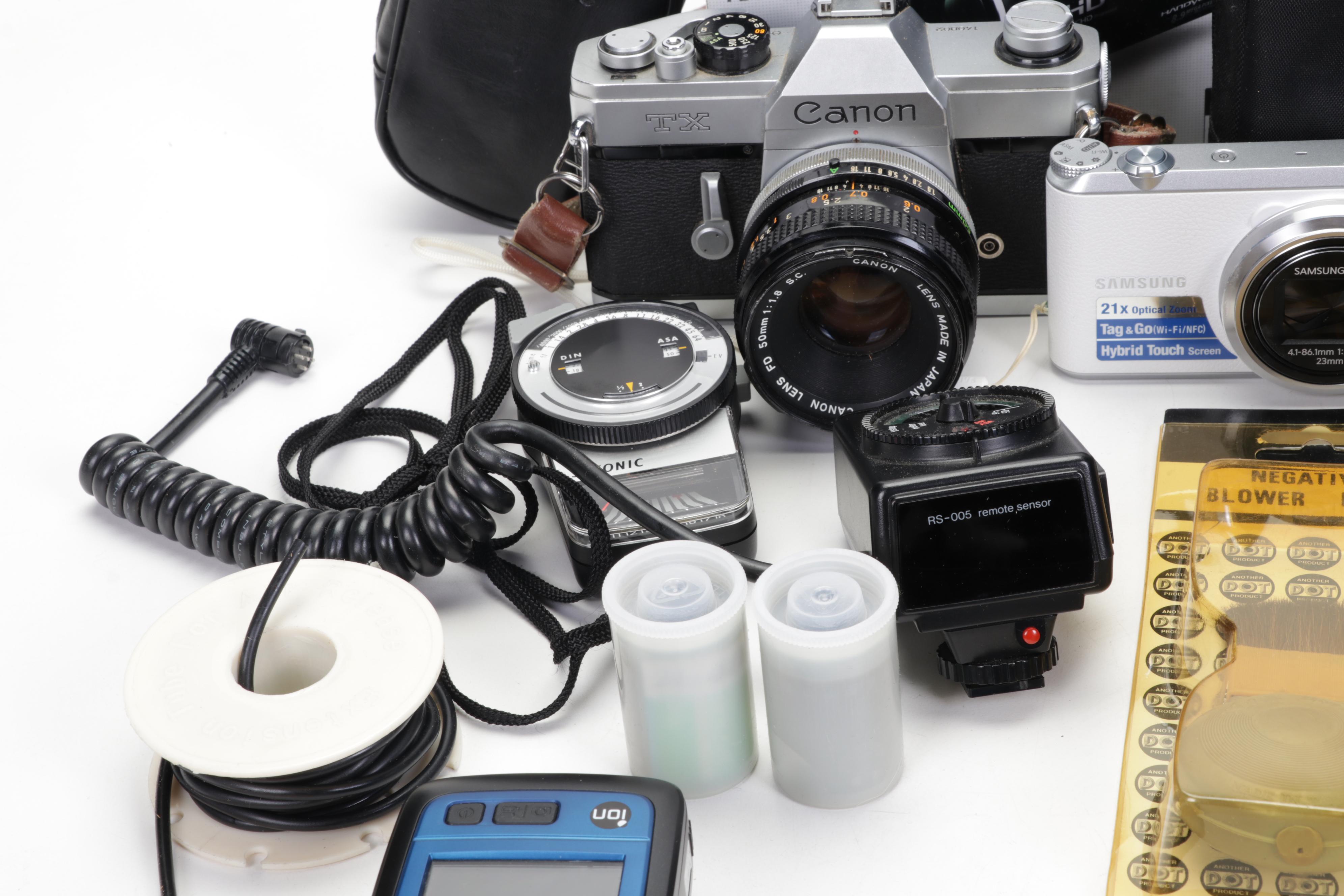 Canon 35mm Film Cameras with Assorted Lenses and Equiptment