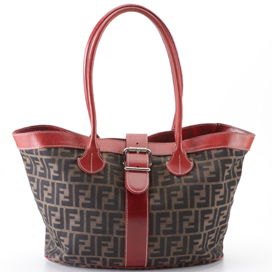 Fendi Buckle Tote Bag in Zucca Canvas and Red Leather Trim