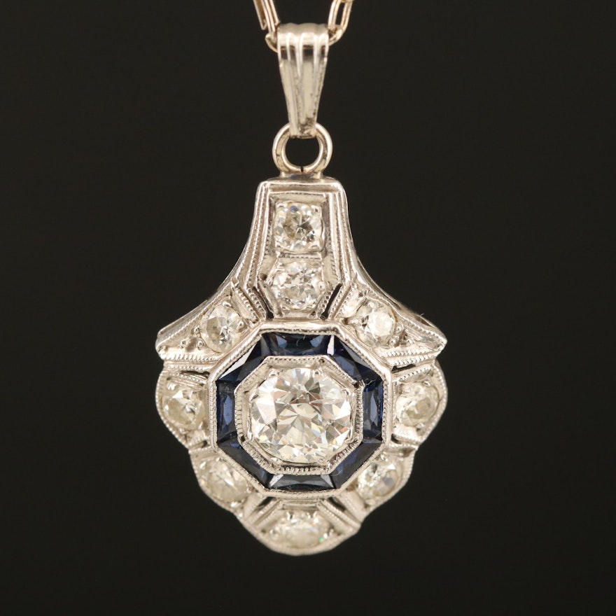 Platinum 1.06 CTW Diamond and Sapphire Pendant on 14K Bar Link Chain