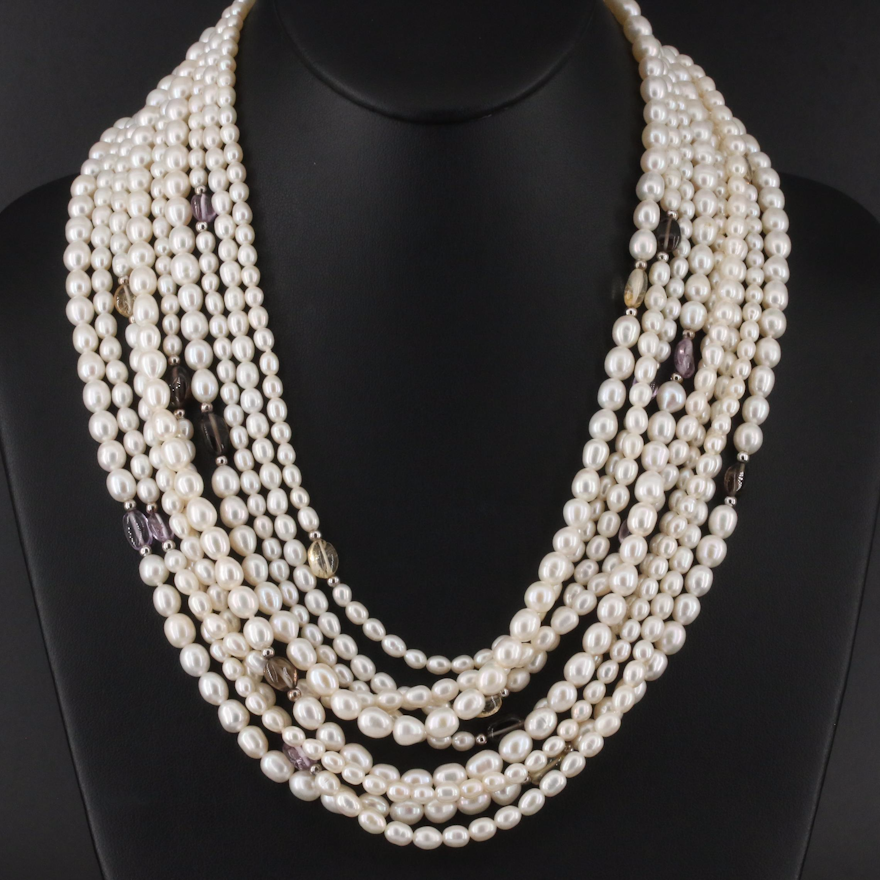 Pearl Multi-Strand Necklace with Sterling Clasp and Spacer Beads